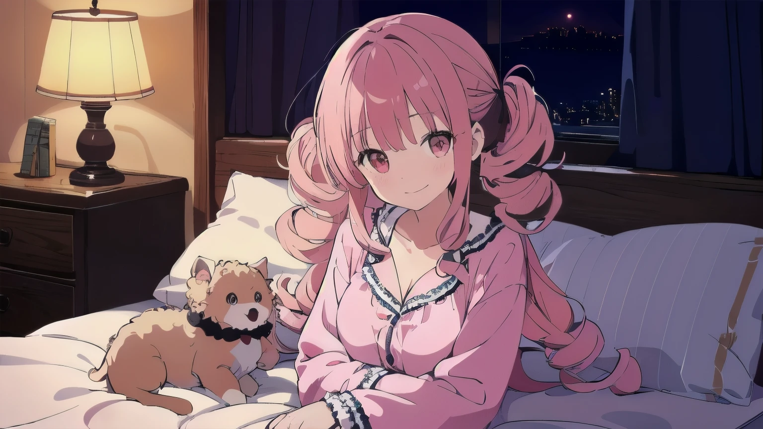 Very detailed, Detailed Background, (highest quality, masterpiece, High resolution), One girl, Demure, (Curly Hair:1.4), Twin tails, smile, Mid-chest, Pink Hair, Upper Body, pajamas, long hair、 (night:1.4), Dimly lit room, Bluish light, Co-sleeping style