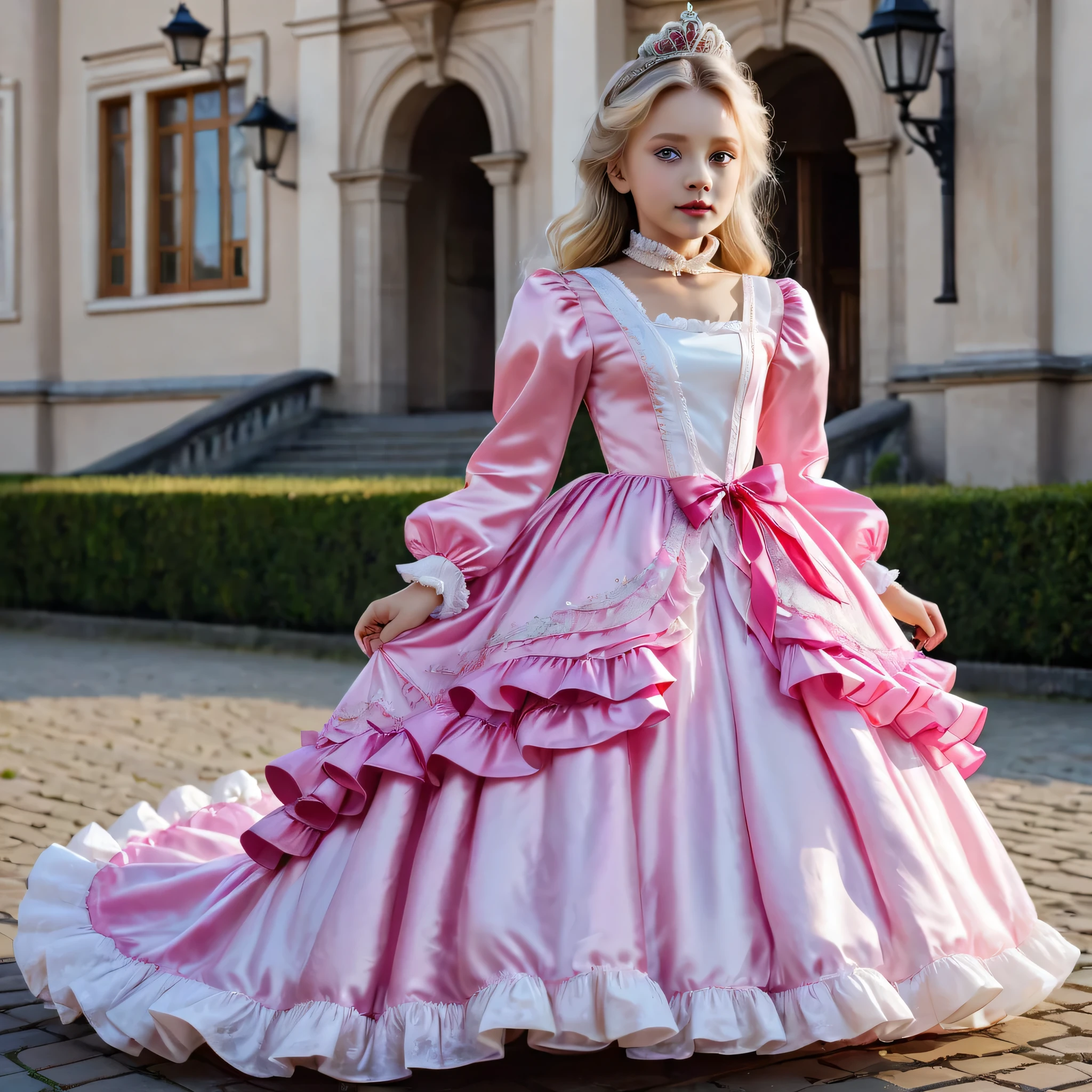 ,highest quality, masterpiece, highest resolution, artwork, 3K realistic photos,,((10 year old little girls)),Super detailed baby face,both are princesses,Full length ball gown dress with hoop skirt,ruffled yoke collar,Detailed braided ribbon on chest,puff sleeves,long sleeve,((Lolita style hot pink detailed princess satin dress、Comes with lots of frills and ribbons。)),shiny silk satin dress,soft and smooth silk satin fabric,luxury,Very long blonde hair,blue eyes,white skin european,pajamas,((Outside the palace)),Princess dancing happily,gorgeous flowing dress,fine white frills and lace,Super long hair that is as tall as your body,the princess is running