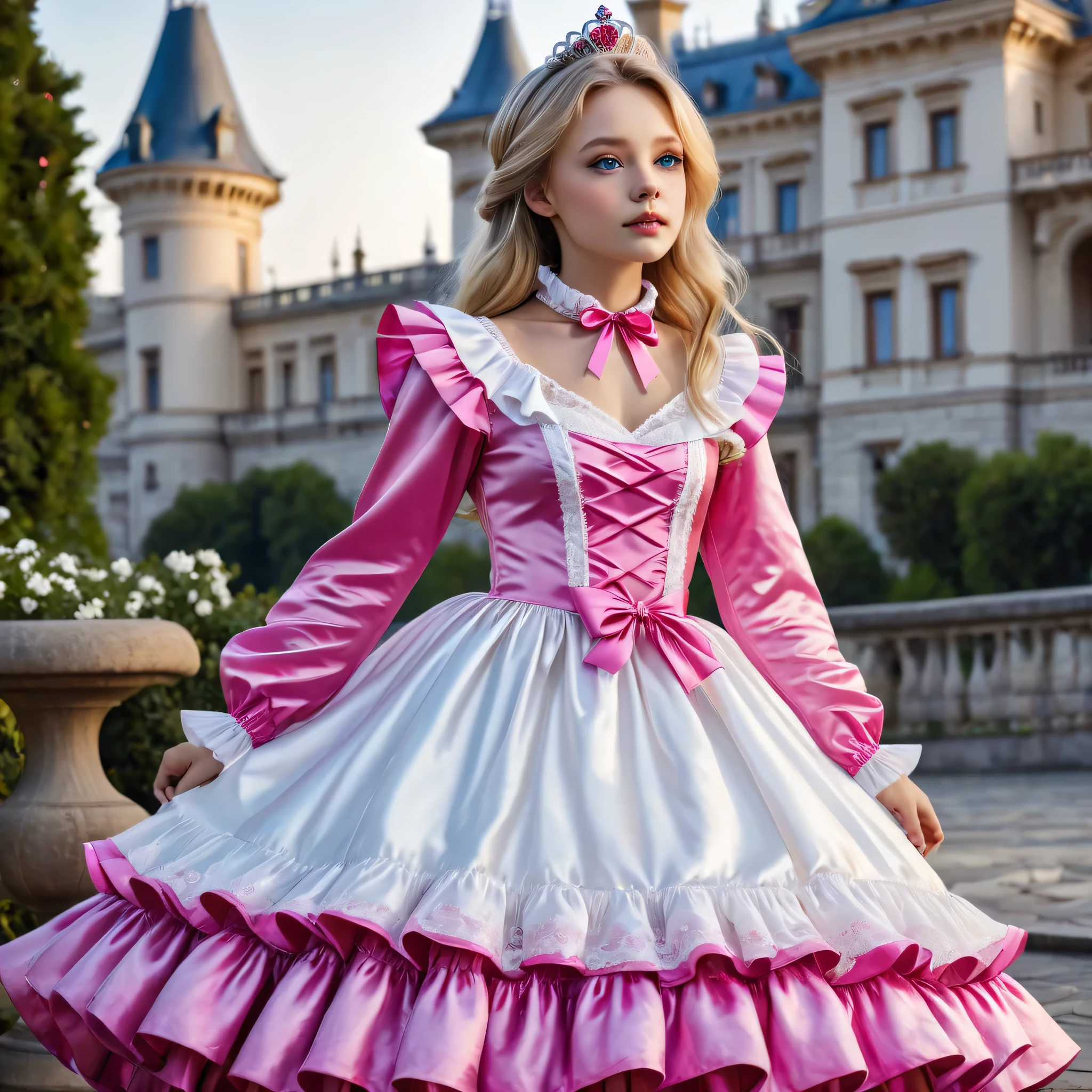 ,highest quality, masterpiece, highest resolution, artwork, 3K realistic photos,,((10 year old little girls)),Super detailed baby face,both are princesses,Full length ball gown dress with hoop skirt,ruffled yoke collar,Detailed braided ribbon on chest,puff sleeves,long sleeve,((Lolita style hot pink detailed princess satin dress、Comes with lots of frills and ribbons。)),shiny silk satin dress,soft and smooth silk satin fabric,luxury,Very long blonde hair,blue eyes,white skin european,pajamas,((Outside the palace)),Princess dancing happily,gorgeous flowing dress,fine white frills and lace,Super long hair that is as tall as your body,the princess is running