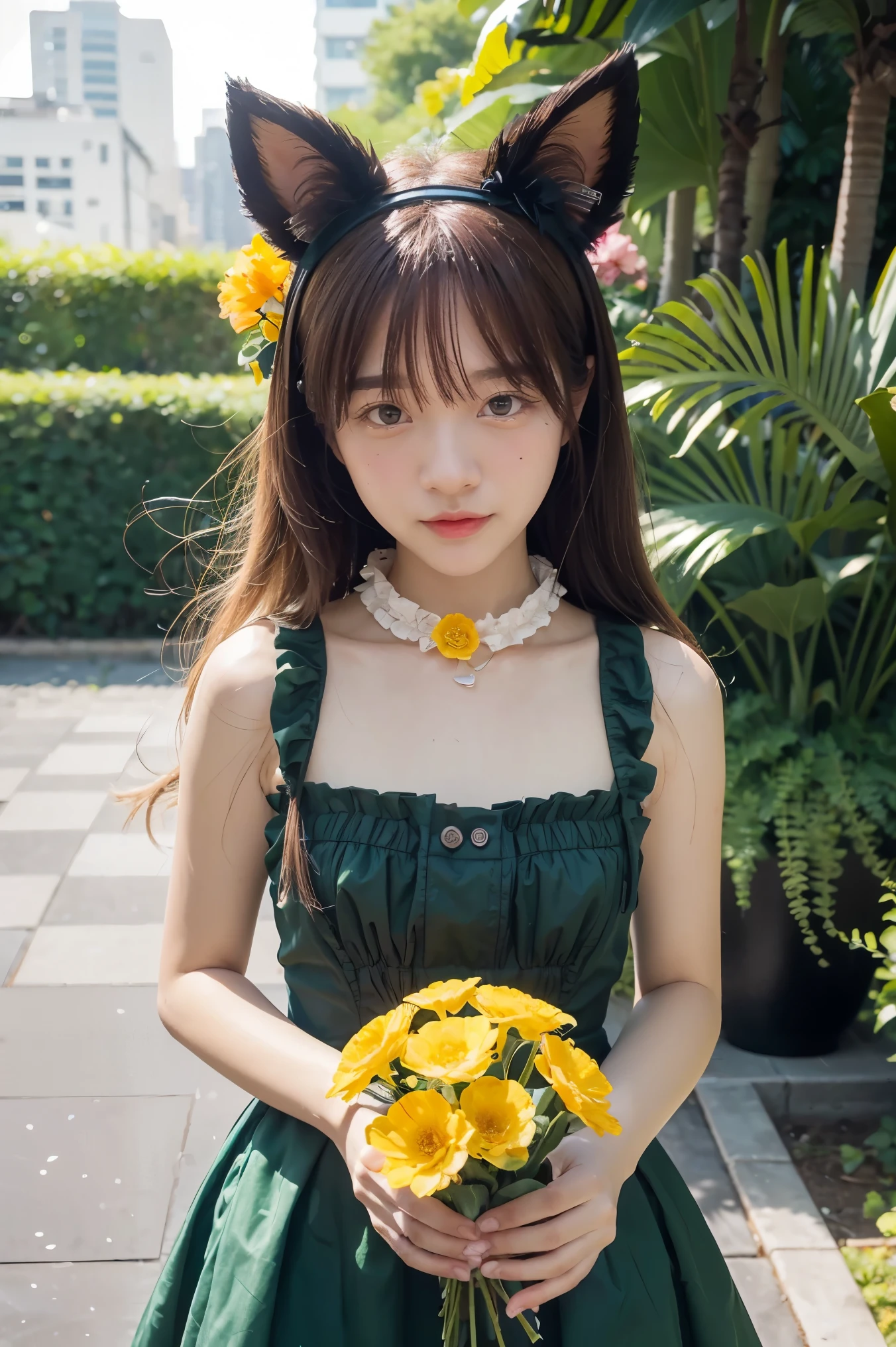 1girl, :d, animal ear fluff, animal ears, bangs, black hairband, blonde hair, blurry, blurry background, depth of field, dress, flower, flower pot, frilled dress, frills, green dress, green eyes, hairband, holding, long hair, open mouth, pink flower, plant, potted plant, sketch, sleeveless, sleeveless dress, smile, solo, tail, wrist cuffs, yellow flower, 1980s (style)