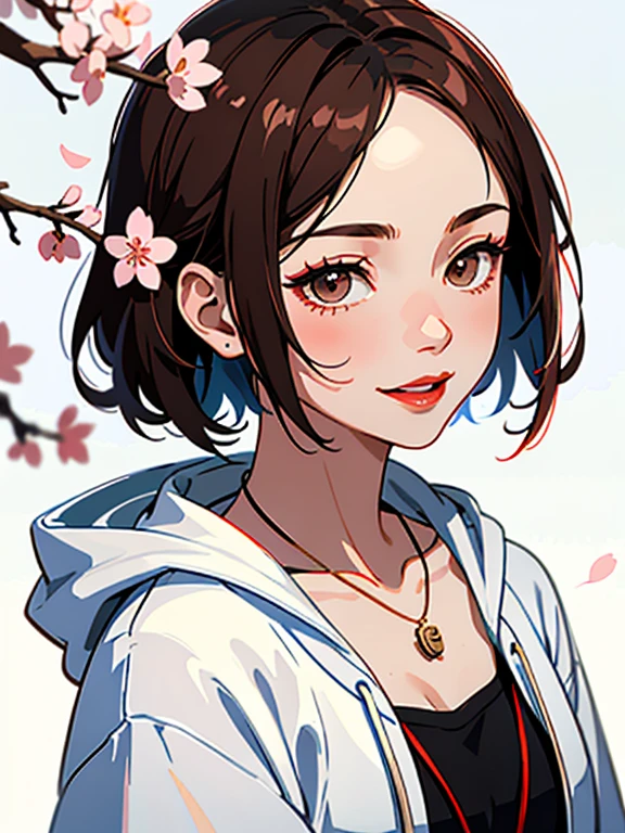 One girl, alone, Komoshuai, short hair, Portraiture, cherry blossoms, smile, White hoodie, Brown eyes、Hair dyed blue、Simple Necklace、Red lipstick、Don&#39;t look at the camera、 Ultra-realistic face、smileの表情、Watery eyes、look up、Soothing lighting effects、 Ultra-Realistic Capture、Very detailed、High resolution 16K human skin close-up。Skin texture must be natural、Must be so detailed that pores are visible、skin is healthy、Must be of uniform tone、Use natural light and color、High quality photos taken by modeling agencies&#39;Exclusive photographer