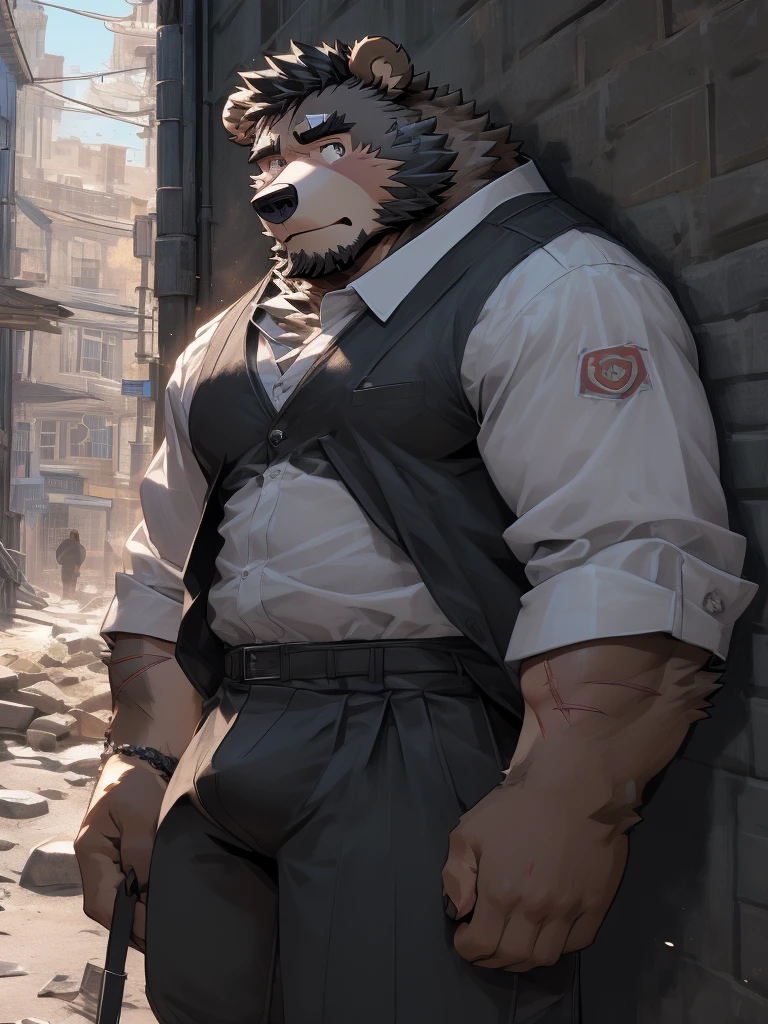(Super detailed), Sharp focus,hairy, Black and white fur), black beard, Black Hair,human nature (棕Bear:1.3), male, Middle-aged and elderly, Brown body, White belly, Muscular ,(Crotch bulge),Super detailed的脸,(dishevelled:1.4),(best quality), (masterpiece), High Detail, high quality,High resolution,16K,(Bear:1.3),(scar:1.3),Hiding in the corner,Scared expressions