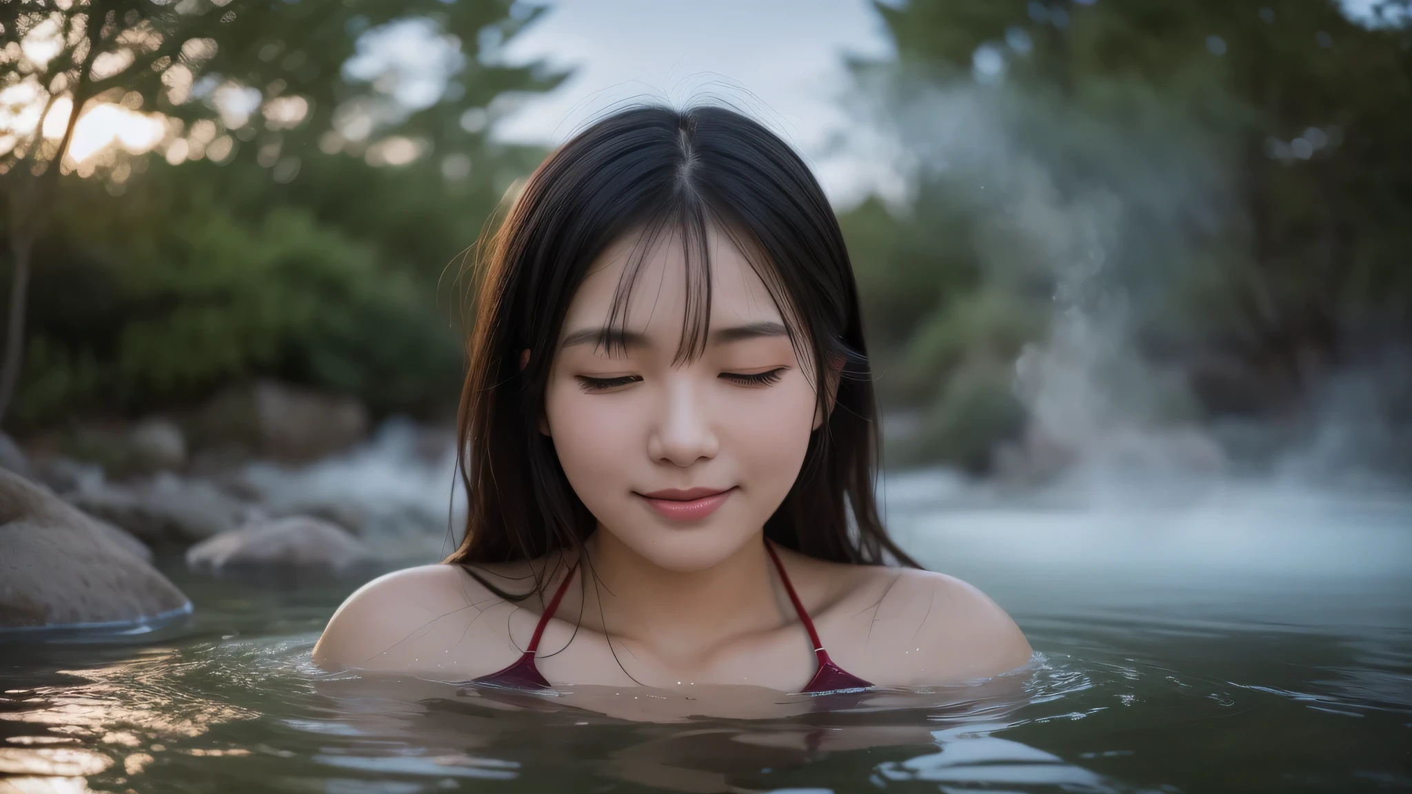 2girl, (elegant face, the happy mood), (cleavage, cute bikini:1.2), (She closes her eyes in a dreamy mood while soaking in the hot springs), (Best Quality:1.4), 8K resolution, High resolution, Ultra High Definition, Superior Quality, Premier Quality, ultra detailed, Photorealistic, RAW Photos, highest quality, masterpiece, professional photography, Realistic portrait, Beautiful detailed, Outdoors, open-air baths, (forests, Soaking in the hot springs at night, rock bath hot springs at night:1.2), trees, plants, (hot spring steam:1.5), (Close up portrait of girl:1.2), (Fine face:1.2),