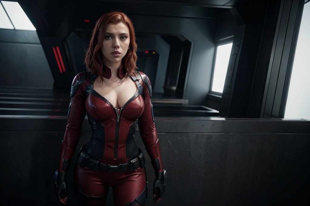 scarlett johansson like black widow, marvel super hero, realista, detalles, 8k, tetona, cuerpo completo