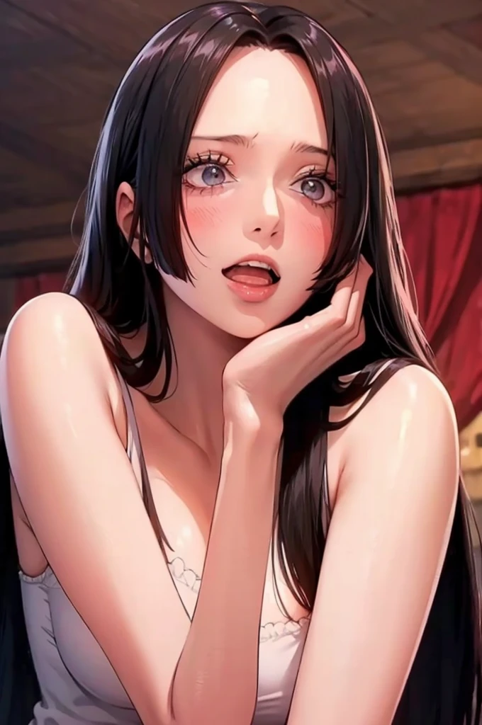 (((masterpiece))), (((best quality))), ((ultra-detailed)), (highly detailed CG illustration), Boa Hancock, , (masterpiece:1.5), Detailed Photo, Smiling, Sexy, (Best Quality: 1.4), (1girl), Beautiful Face, (Black Hair, long Hair: 1.3), Beautiful Hairstyle, beautiful detail eyes, (realistic skin), beautiful skin, absurd, attractive, ultra high resolution, high definition, (sexually aroused:1.5), Pinkish white skin, cool white light, sexy pose, Beautiful , white background, pink soft white light, Wear a white dress
