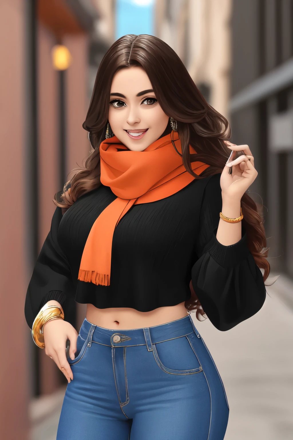 Kinessa, cabelo castanho curto, olhos vermelhos, tonificado, orange scarf, Band-aid na bochecha, luvas sem dedos, cinto com caveira, botas, corte superior, pants, 1 garota, Sozinho, visualizador de frente, olhando para o espectador, sorriso