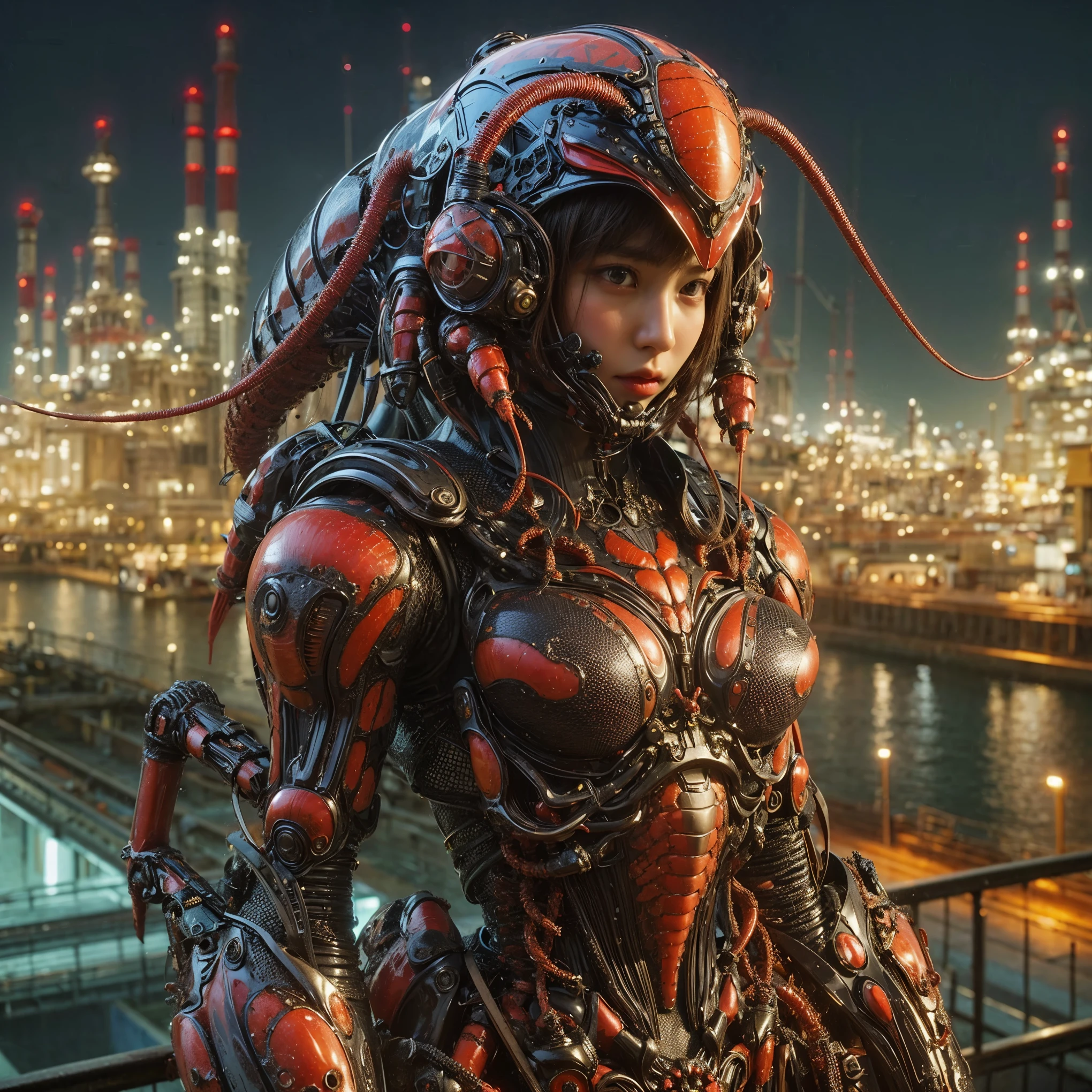 masterpiece、highest quality、(Extremely intricate details)、(Extremely realistic texture)、glossy Texture、A cicada-like bio-insect suit designed by Hajime Katoki、1 person、Ultra-realistic photos of beautiful female soldiers、Night view of the bayside industrial area、battle、Please generate at least 4 copies.