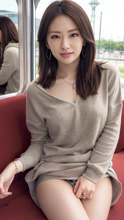 (masterpiece:1.3), (highest quality:1.3),alone,One girl, I have traveled_stout, Are standing,Brown hair, Brown eyes, alone, Earrings, jewelry, long_hair, Have, necklace,, Braiding,Breast Exposure、Nipple exposure、(Tuck up your clothes)、(Blonde)、smile、Smaller breasts、embarrassed、short hair、cowboy shot、(View from the front)、(mini skirt)、grabbing own breasts、(breast hold)、((Inside the Ferris wheel))、(Sit on a chair)、wearing a oversized gray hoodie、handjob gesture