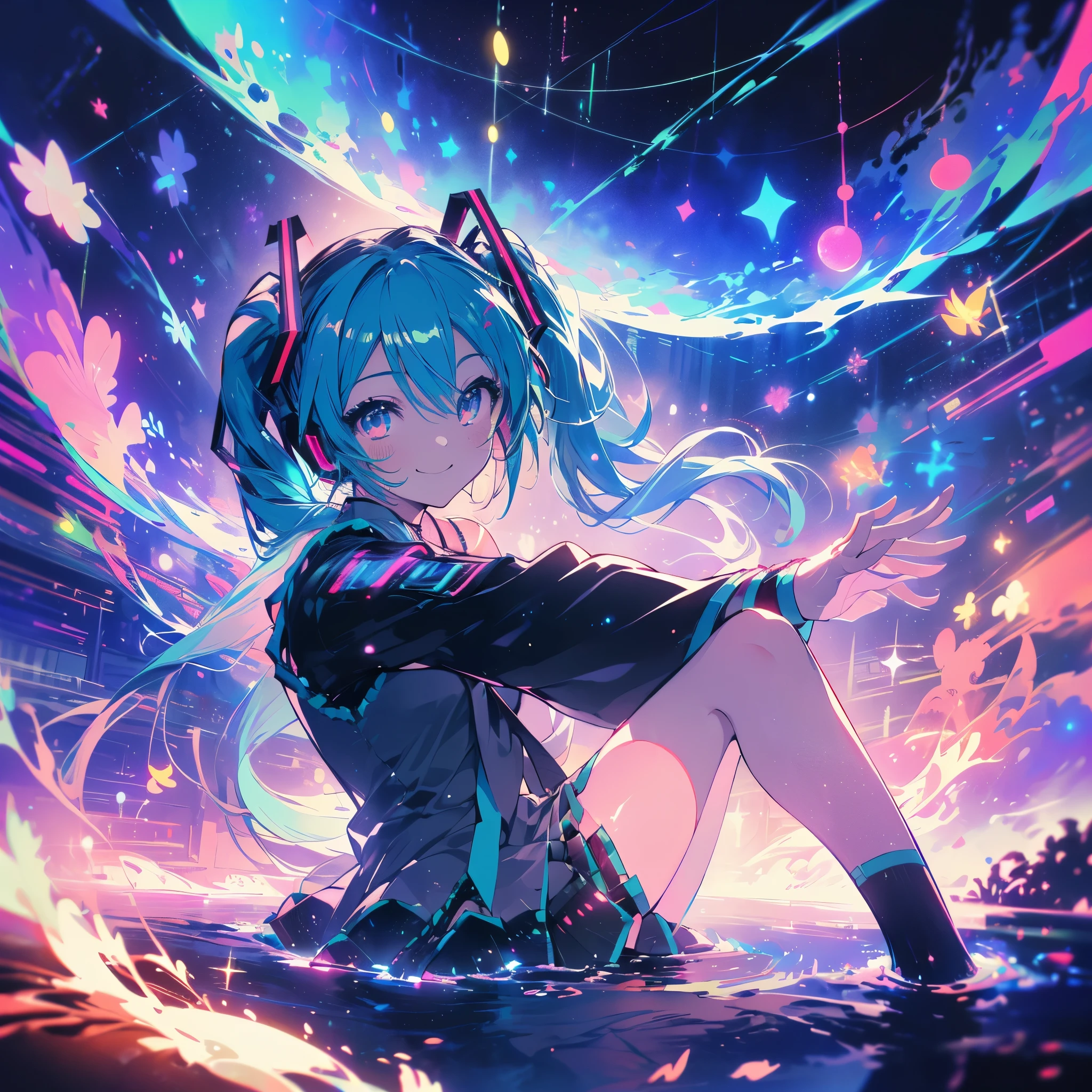 (((Ultra HD　Hatsune Miku　sit　Stretch your right leg　Bend your left leg　Shining Eyes　smile)))　((Lonely　Particles of light　Streaks of Light　Pop music notes))　((End of the Galaxy　Jump　Bathed in light))　(Neon pink and neon green light　Shining Edge　Shining Background　night　Starry Sky)