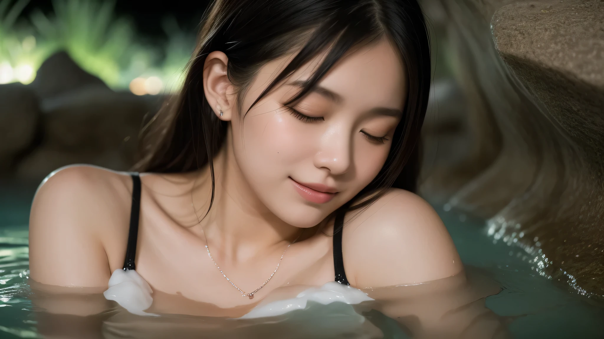 2girl, (elegant face, the happy mood), (cleavage, cute bikini:1.2), (She closes her eyes in a dreamy mood while soaking in the hot springs), (Best Quality:1.4), 8K resolution, High resolution, Ultra High Definition, Superior Quality, Premier Quality, ultra detailed, Photorealistic, RAW Photos, highest quality, masterpiece, professional photography, Realistic portrait, Beautiful detailed, Outdoors, open-air baths, (forests, Soaking in the hot springs at night, rock bath hot springs at night:1.2), trees, plants, (hot spring steam:1.5), (Close up portrait of girl:1.2), (Fine face:1.2),