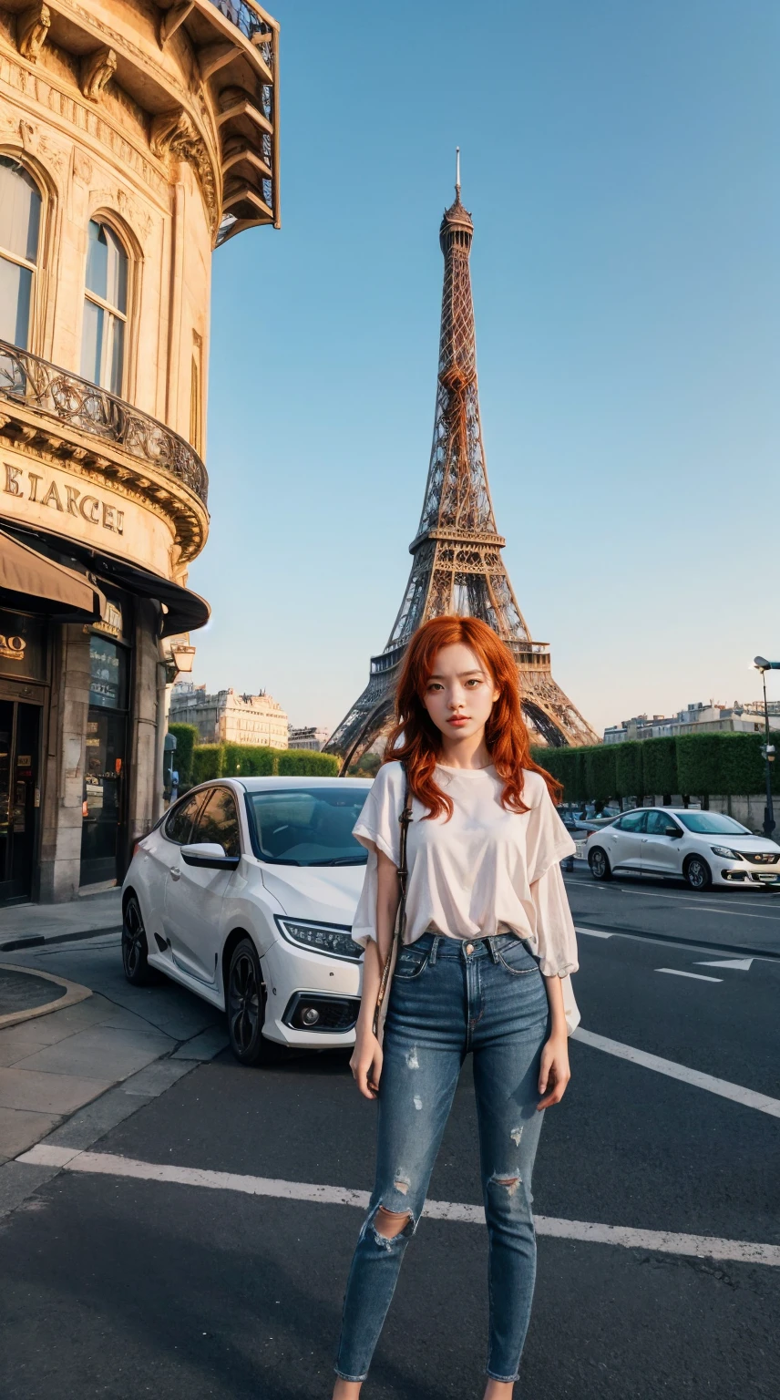 1 girl, standing next to Honda Civic car, frente, ((black eyes)), (((perfect eye))), (((redhead))), usando top curto e colado branco, short skinny jeans, in a stunning setting, torre eiffel on the ground in the background, beautiful city, fim de tarde, live lighting, cores vivas, (((no cars))), ((Eiffel tower))