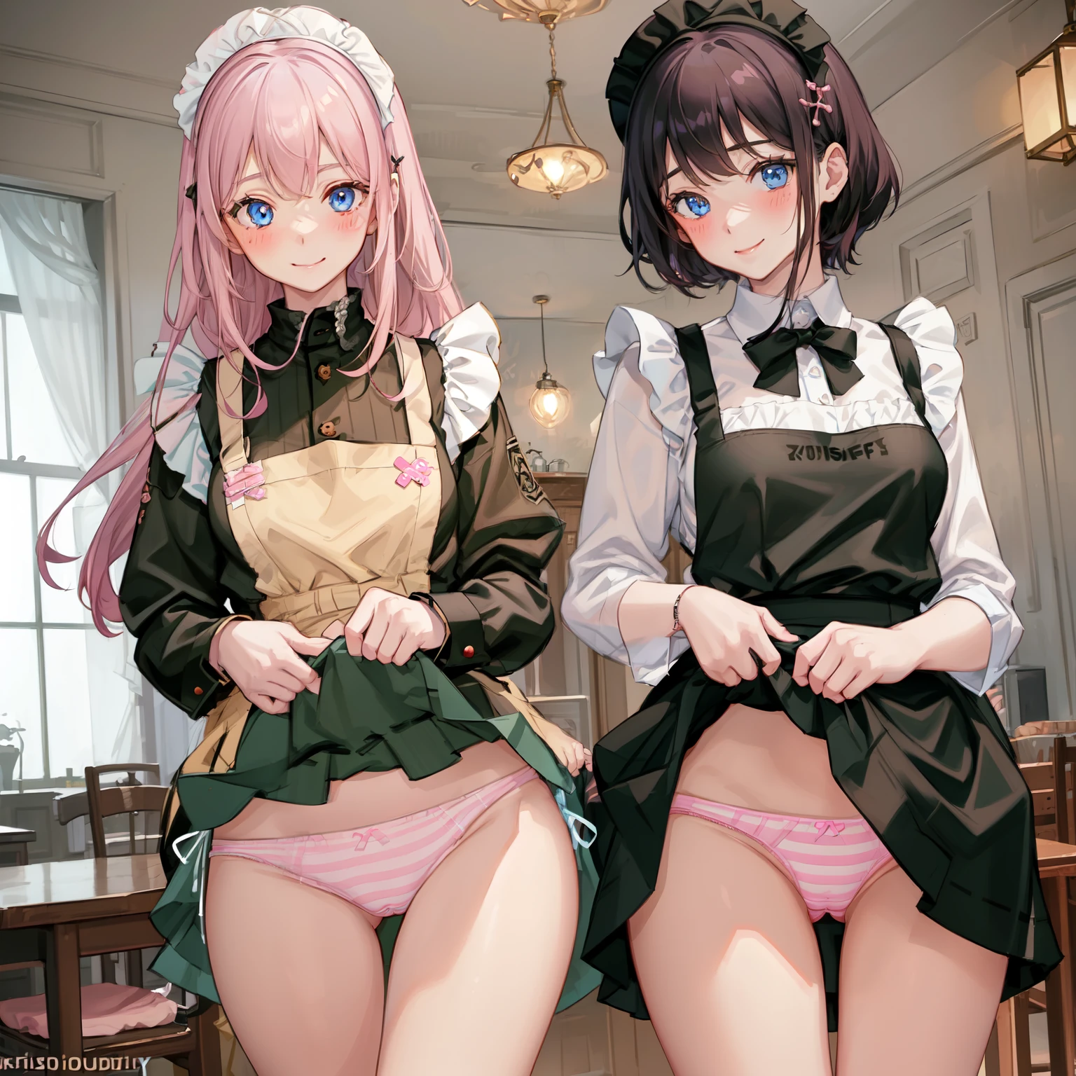highest quality, masterpiece, ((2 girls:1.5)), ((smile:1.3)), (blush:1.3), Black Shirt, blouse, ((fun!!)), (Small breasts), Blonde, (Long sleeve), ((White apron:1.5)), ((Maid)), ((hair ornaments)), Kamimei, look at me, ((in house:1.5)), Taking a break from watching the audience, Cowboy Shot, (skirtlift:1.3), (Highly detailed pink striped panties:1.3), (Highly detailed panties:1.3), (skirt that rolls up:1.3), (Panties fully exposed:1.5), Light blue eyes, long hair, Glowing Eyes