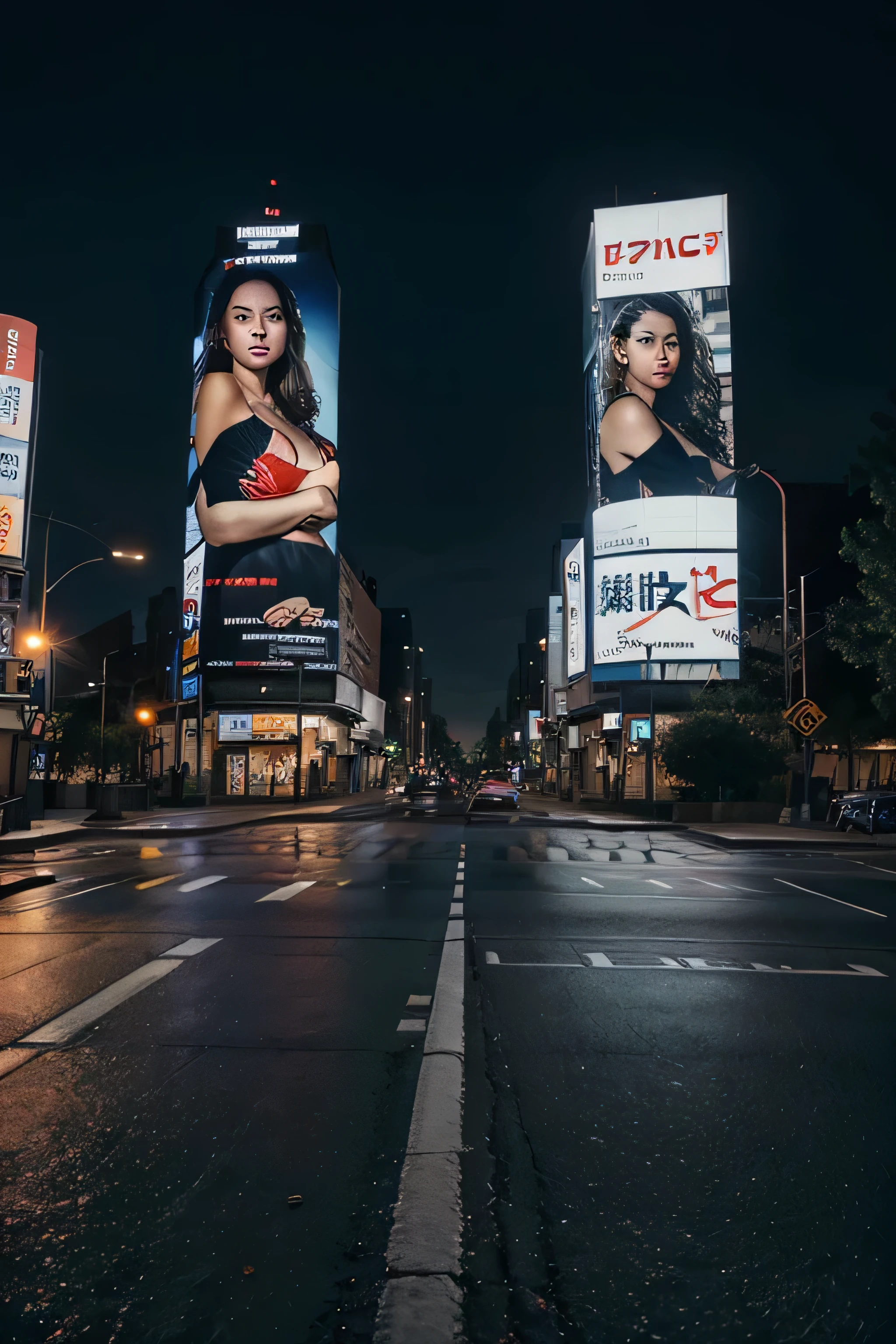 Large billboards on the roadside at night at intersections.