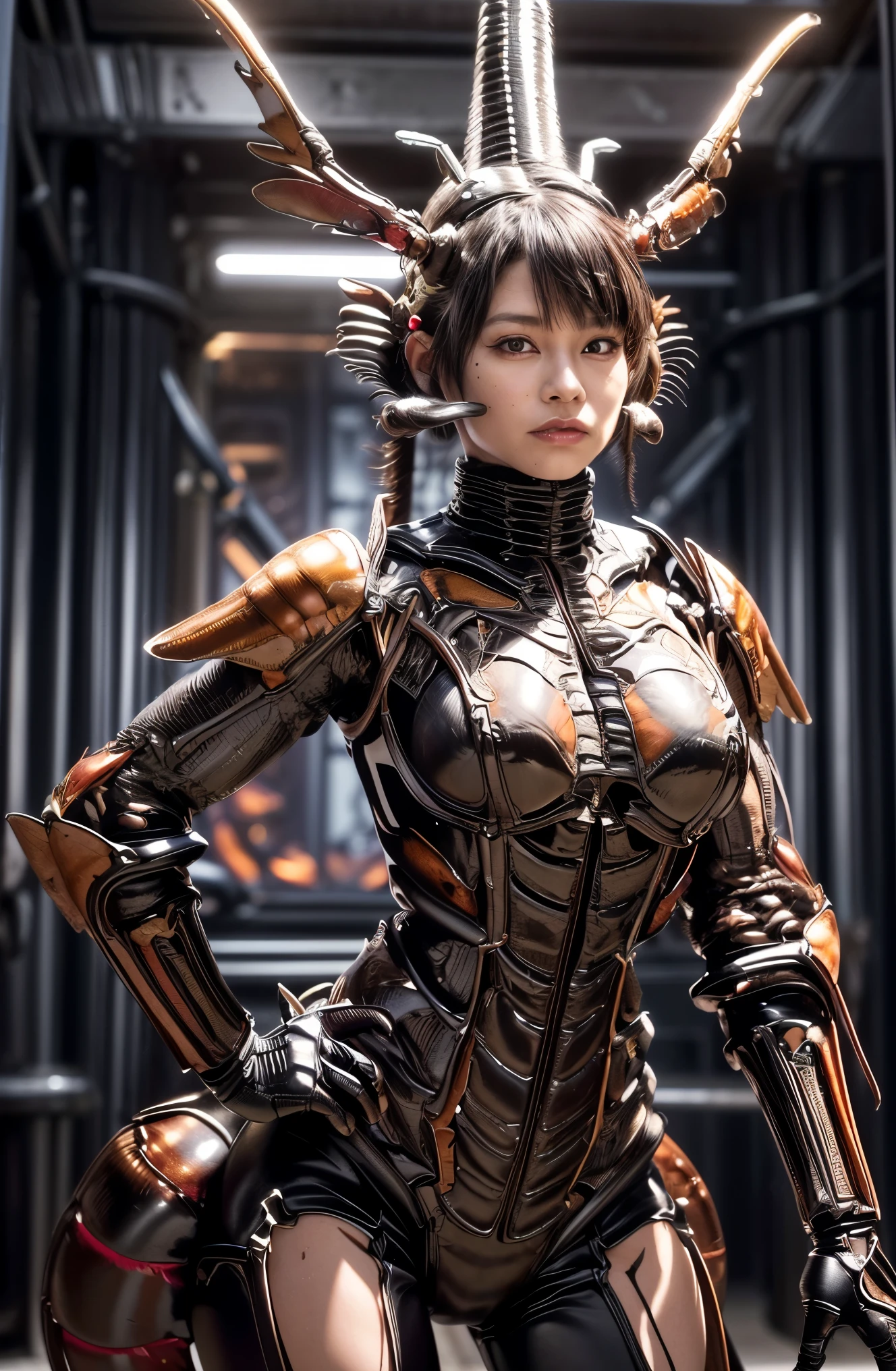(high resolution,masterpiece,best quality,extremely detailed CG), photorealistic, (Composed of fine parts), (extremely intricate all details), (extremely realistic all textures), gloss and shiny,awesome many layers, 8k wall paper, 3d,( solo:1.4), perfect female proportion,villainess, (fusion of cockroach and lady:1.4), (cockroach form lady:1.2), (cockroach lady:1.2), (fusion:1.2), (solo:1.4), (smile:1.2), muscular, abs, (cockroach exoskeleton bio insect suit:1.4), (cockroach red exoskeleton bio insect armor:1.2), feeler