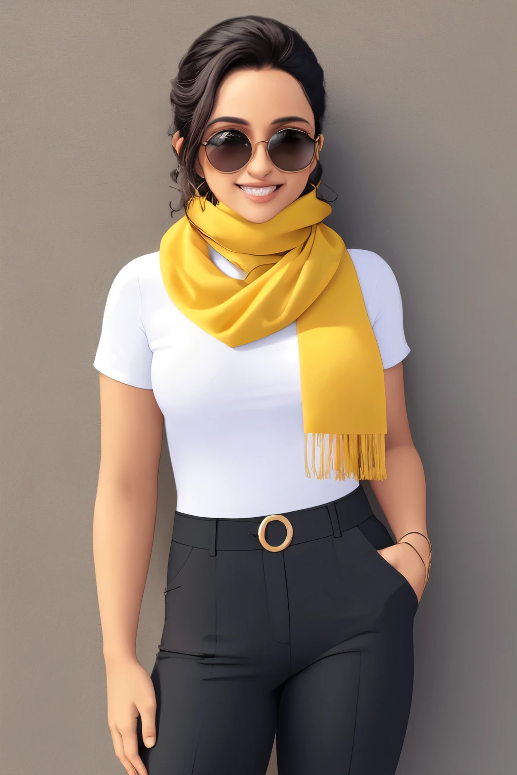 Kinessa, cabelo castanho curto, olhos vermelhos, tonificado, orange scarf, Band-aid na bochecha, luvas sem dedos, cinto com caveira, botas, corte superior, pants, 1 garota, Sozinho, visualizador de frente, olhando para o espectador, sorriso