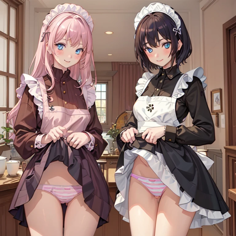 highest quality, masterpiece,((ars old:)),  ((2 girls:1.5)), ((smile:1.3)), (blush:1.3), Black Shirt, blouse, ((fun!!)), (Small breasts), Blonde, (Long sleeve), ((White apron:1.5)), ((Maid)), ((hair ornaments)), Kamimei, look at me, ((in house:1.5)), Taking a break from watching the audience, Cowboy Shot, (skirtlift:1.3), (Highly detailed pink striped panties:1.3), (Highly detailed panties:1.3), (skirt that rolls up:1.3), (Panties fully exposed:1.5), Light blue eyes, long hair, Glowing Eyes