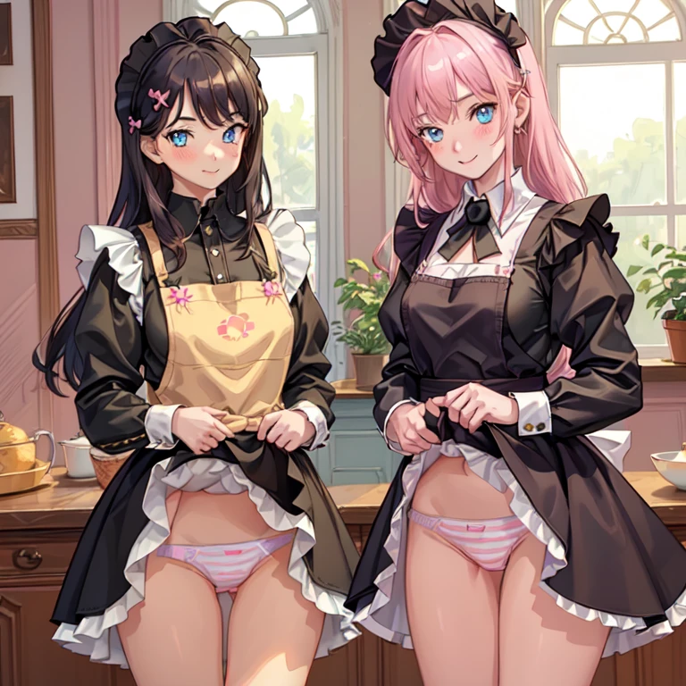 highest quality, masterpiece,((ars old:)),  ((2 girls:1.5)), ((smile:1.3)), (blush:1.3), Black Shirt, blouse, ((fun!!)), (Small breasts), Blonde, (Long sleeve), ((White apron:1.5)), ((Maid)), ((hair ornaments)), Kamimei, look at me, ((in house:1.5)), Taking a break from watching the audience, Cowboy Shot, (skirtlift:1.3), (Highly detailed pink striped panties:1.3), (Highly detailed panties:1.3), (skirt that rolls up:1.3), (Panties fully exposed:1.5), Light blue eyes, long hair, Glowing Eyes