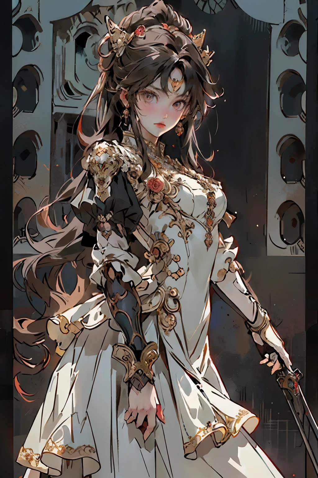 ((best quality)), ((masterpiece)), (detailed), perfect face official art, unity 8k wallpaper, ultra detailed, beautiful and aesthetic, masterpiece, best quality, (zentangle, mandala, tangle, entangle), (fractal art:1.3) , 1girl, extremely detailed, dynamic angle, cowboyshot, the most beautiful form of chaos, elegant, a brutalist designed, vivid colours, romanticism, Bloodborne inspired, occult aesthetic, occult, detailed and intricate steampunk and detailed gothic, NSFW, Very dramatic and cinematic lighting, cosmic horror, grim-dark, side-lighting, perfect face, a beaituful goddess valkyrie adorned and enshrined in armour, Bloodborne inspired valkyrie, occult aesthetic valkyrie, occult valkyrie, detailed and intricate steampunk and detailed gothic valkyrie, wielding a sword and holding a shield, NSFW, Fluttering lace flared long knee length dress with frilly petticoats, knee length dress, pleated petticoats, lolita dress, petticoats gothic lolita, side-lighting, gothic lolita aesthetic, beautiful small breasts, small breasts, full body, whole body, body, NSFW, full body, whole body, head-to-toe, Vivid colors, detailed armor, engraved metallic armor white and black with gold ascents , intricate designs on the armor, intricate armor engravings, imposing and powerful stance, fierce , flowing hair, dynamic pose, intense battle scene, fantasy setting, vibrant colors, dramatic lighting, epic atmosphere, mythical creatures in the background, magical effects surrounding the sword, attention to anatomy and facial features, iconic use of highlights and shadows, capturing emotion, masterful composition, portraying strong female characters, (1 Men 1.5),Hades,The Grim Reaper armed with a giant scythe,,(Hairstyles: Red curls,),Beard, Roman mythology,8k wallpaper,finely quality eyes,Right eyes,correct hand, Ultra-detailed, Beautiful and aesthetically pleasing, best qualityer, (s fractal art: 1.3), Machine detailed, dynamic angle, Cowboy shot, The most beautiful forms of chaos, e
