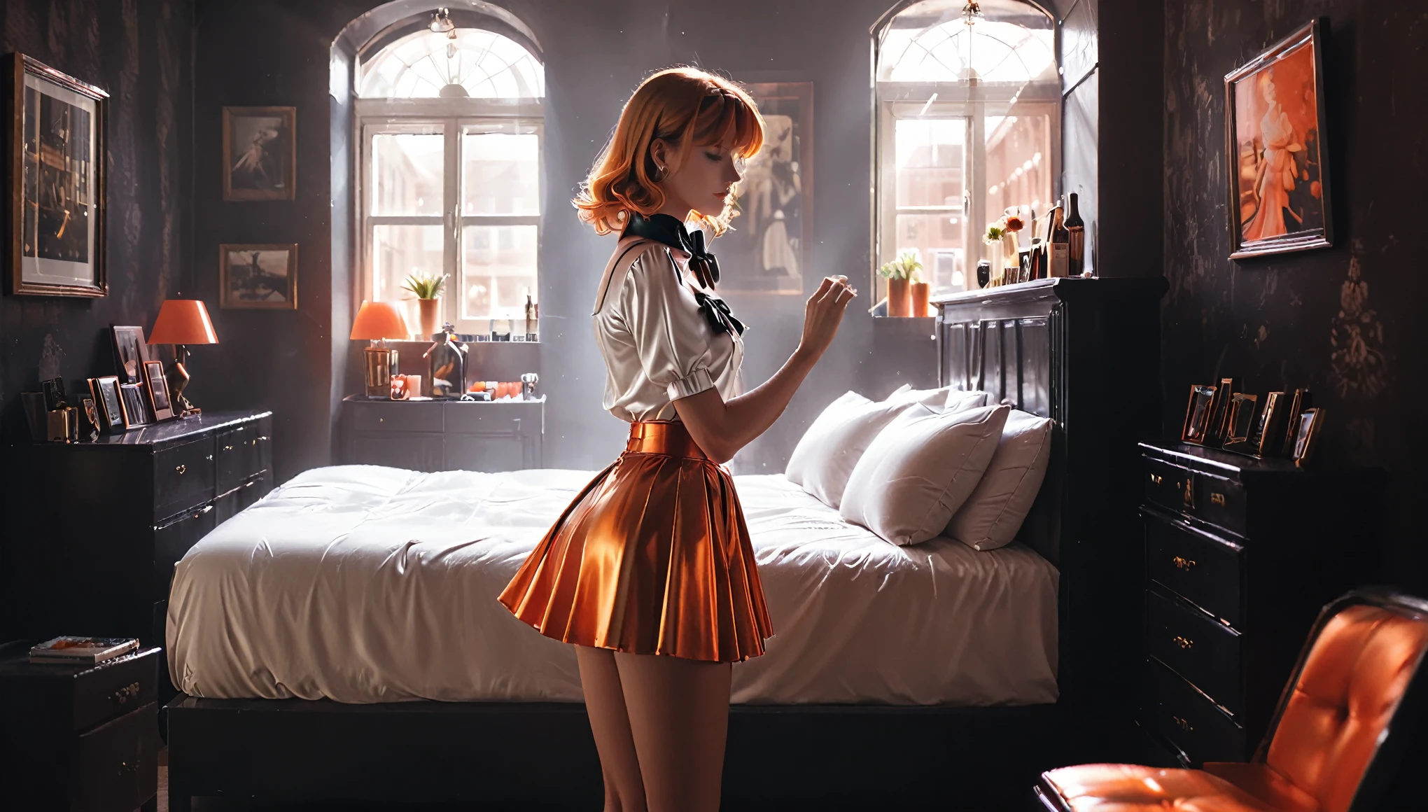 By slim aarons, isometric view of a incredibly cute young woman wearing a satin mini skirt with silky satin bow collar blouse, glossy fabrics, glowneon, Bedroom, window, indian summer, warm lightning, copper-blonde hair, Empire
