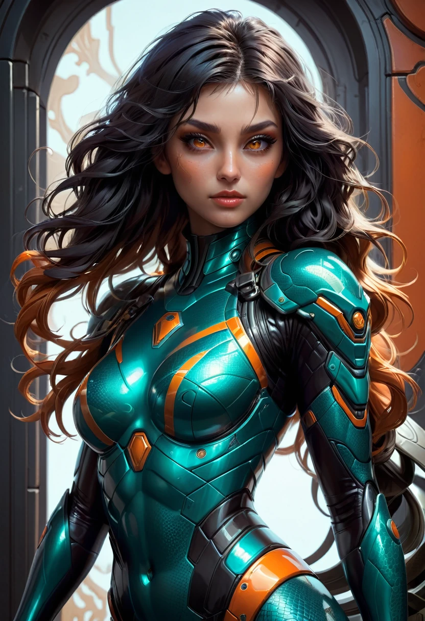 Tight Combat Suit, a very beautiful reptilian girl. snake eyes, perfect facial features, snake tongue. in a tight combat suit, repeating the curves of the body, 8k resolution concept art by Greg Rutkowski dynamic lighting hyperdetailed intricately detailed Splash art trending on Artstation triadic colors Unreal Engine 5 volumetric lighting Alphonse Mucha WLOP Jordan Grimmer orange and teal