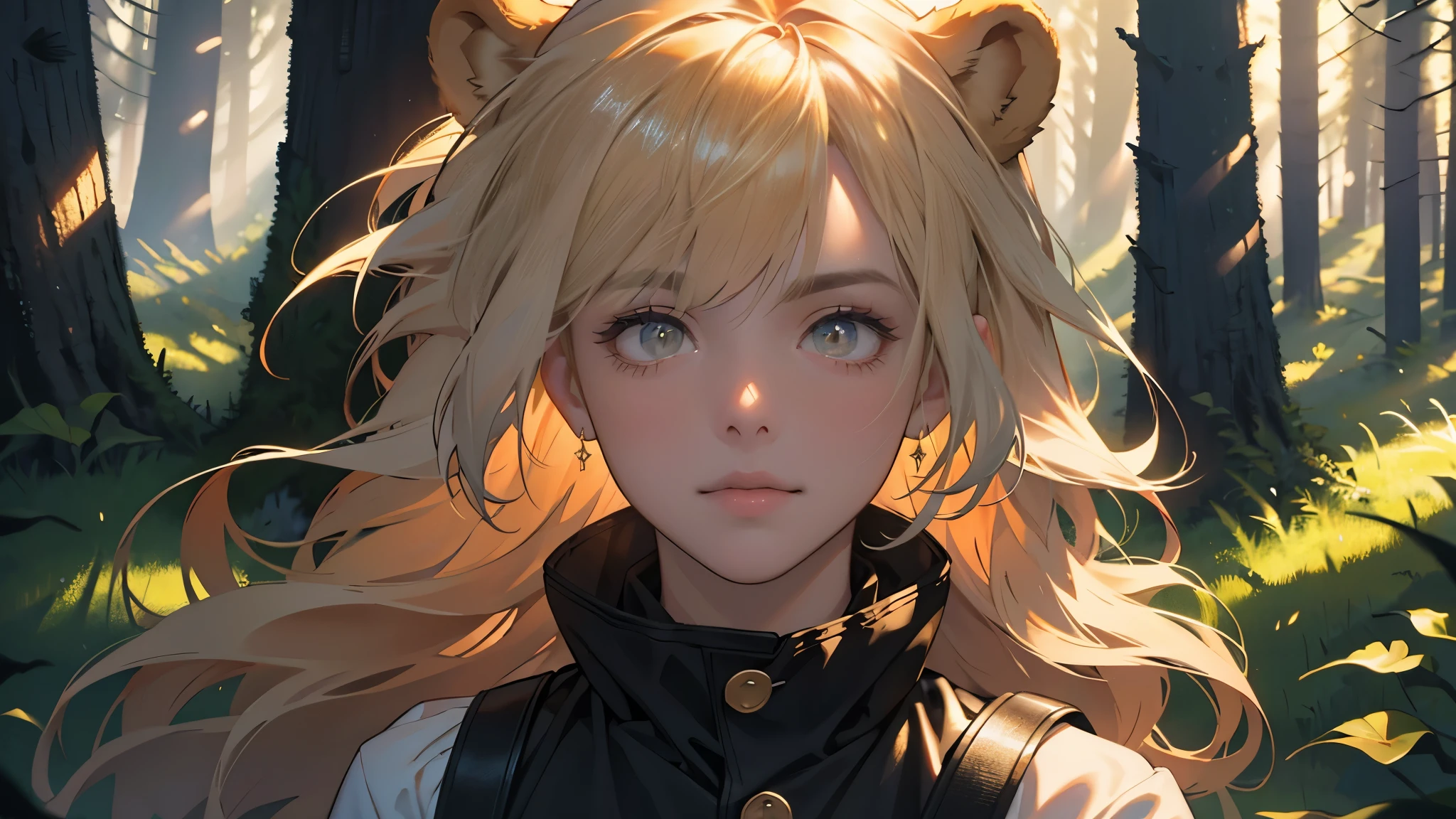 masterpiece, ultra detailed, 8K Portrait, Raw photo, Highly detailed, golden little bear in the forest, Ambient lighting, Shadow details, strong breeze, Light fog