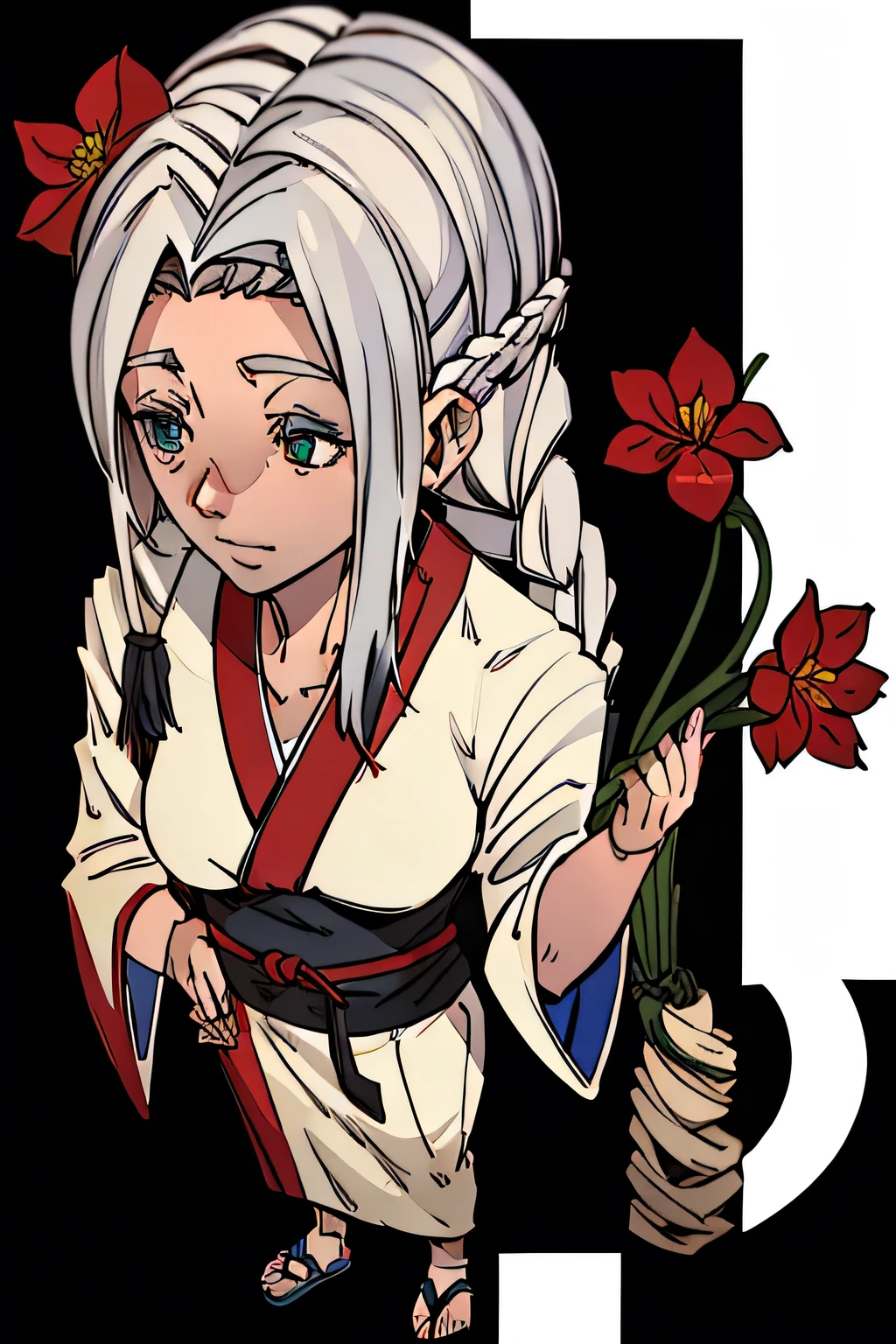 Uma garota adolescente. Long white hair straight in the front and braided in the back with red flowers in it. Kimono branco com golas pretas.