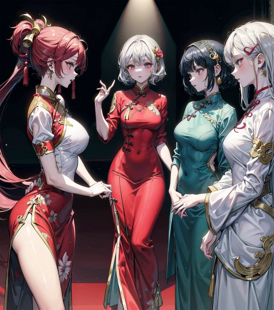 ((((3 girls)))), ((cheongsam)), absurdres, RAW photo, extremely delicate and beautiful, masterpiece, Best Quality, ultra high resolution, 32k, hyperrealistic, ultra-detailed, detailed description, perfect anatomy, pale skin, 20 years old, detailed beautiful face and eyes, tearful mole, earring, short medium hair, wavy hair, random colored hair, whole body shot, big tits,