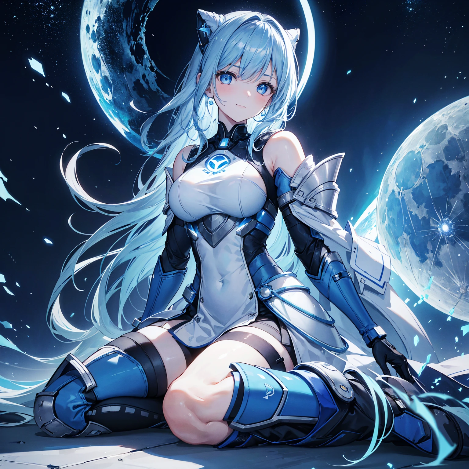 8k, highest quality, (real:1.4), Original photo, 1 girl, Asari Hair, Biological Amplifier, refined armor, posture: Peace talks between warring factions, smart blue eyes,A modest smile、Knee-high boots、Blue big moon and blue light swirl in the background、Blue light from behind、blue light magic