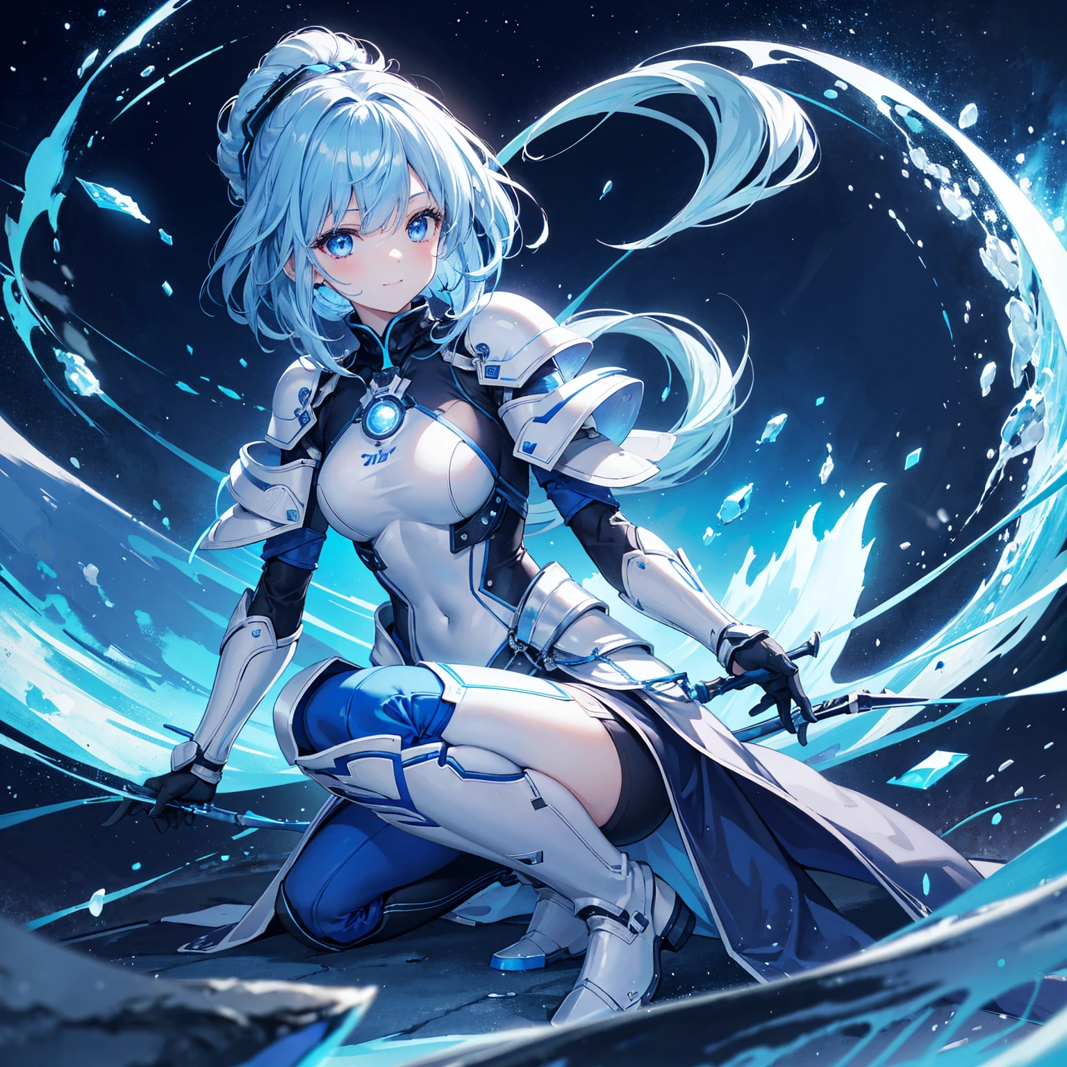 8k, highest quality, (real:1.4), Original photo, 1 girl, Asari Hair, Biological Amplifier, refined armor, posture: Peace talks between warring factions, smart blue eyes,A modest smile、Knee-high boots、Blue big moon and blue light swirl in the background、Blue light from behind、blue light magic
