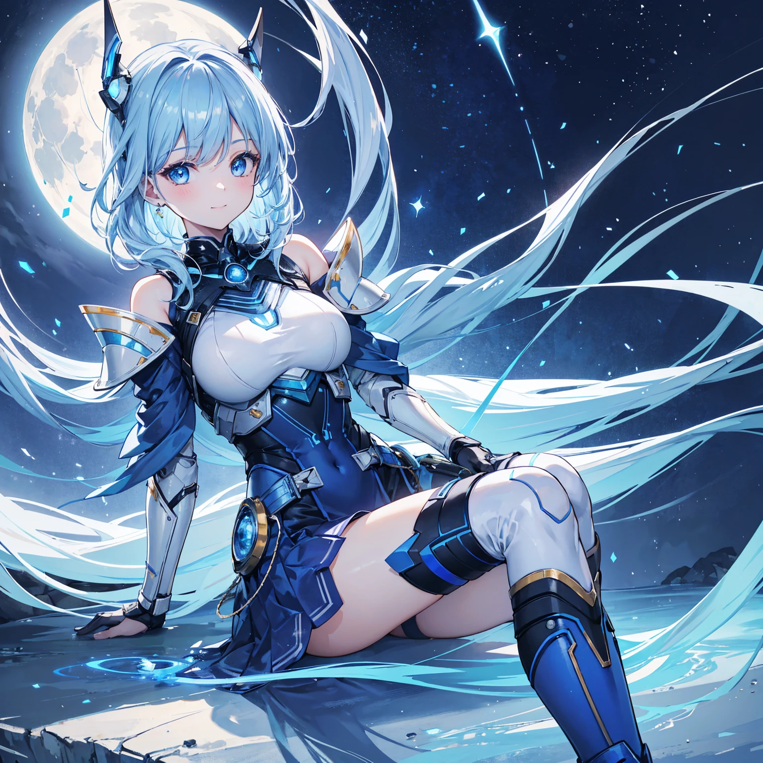 8k, highest quality, (real:1.4), Original photo, 1 girl, Asari Hair, Biological Amplifier, refined armor, posture: Peace talks between warring factions, smart blue eyes,A modest smile、Knee-high boots、Blue big moon and blue light swirl in the background、Blue light from behind、blue light magic