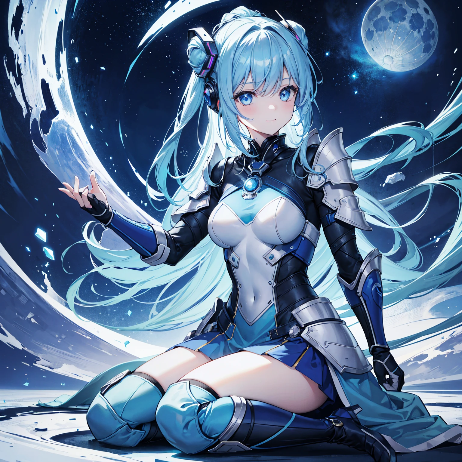 8k, highest quality, (real:1.4), Original photo, 1 girl, Asari Hair, Biological Amplifier, refined armor, posture: Peace talks between warring factions, smart blue eyes,A modest smile、Knee-high boots、Blue big moon and blue light swirl in the background、Blue light from behind、blue light magic
