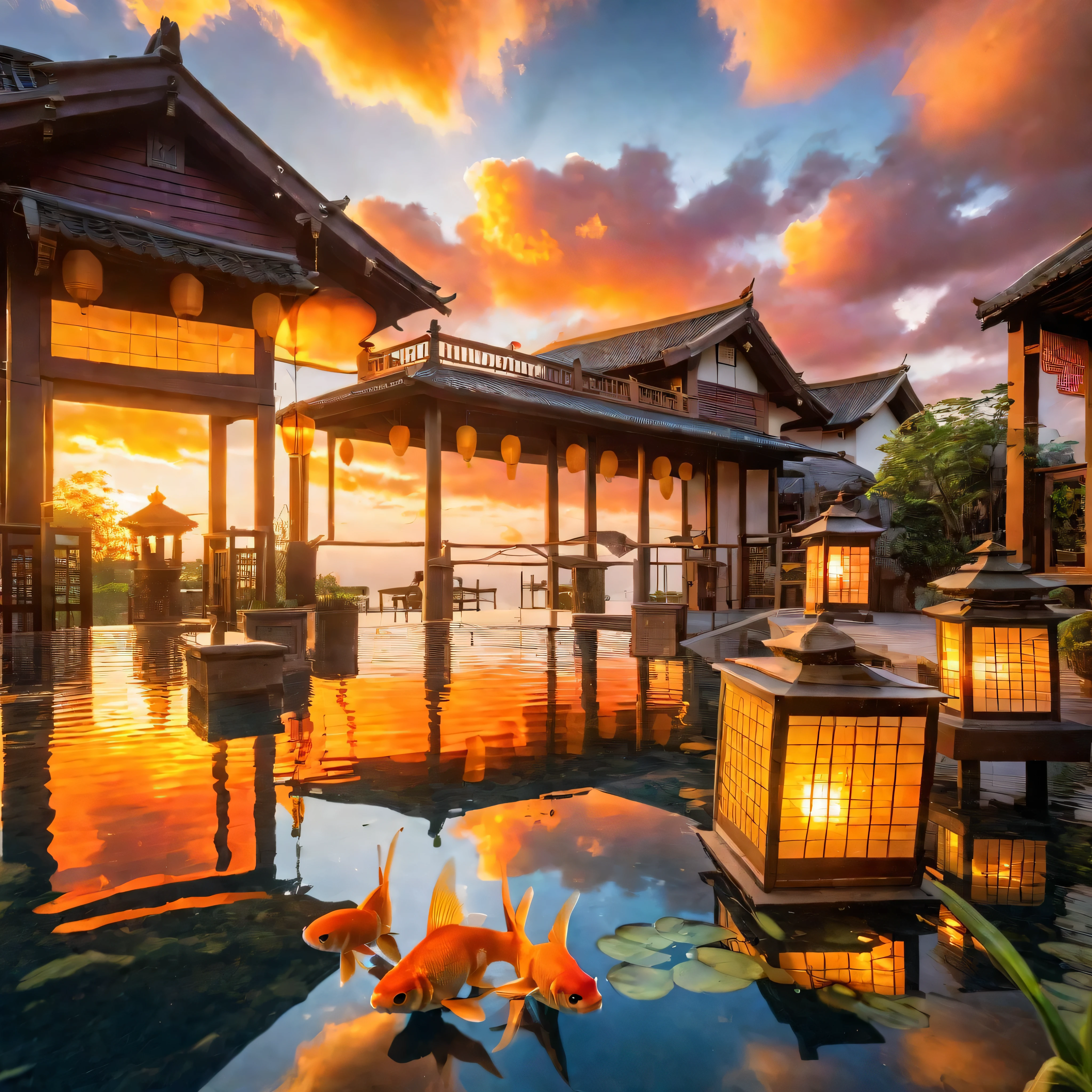 architecture,Veranda,lantern,goldfish,Reflection,pond,Colorful Clouds,Beautiful clouds,Backlight,At sunset,Golden Hour,Warm colors,ARW,8k,Detailed Details,Best quality,Perfect color matching,Sense of atmosphere,Masterpieces shot by international photography masters,National Geographic Photography Award Winners