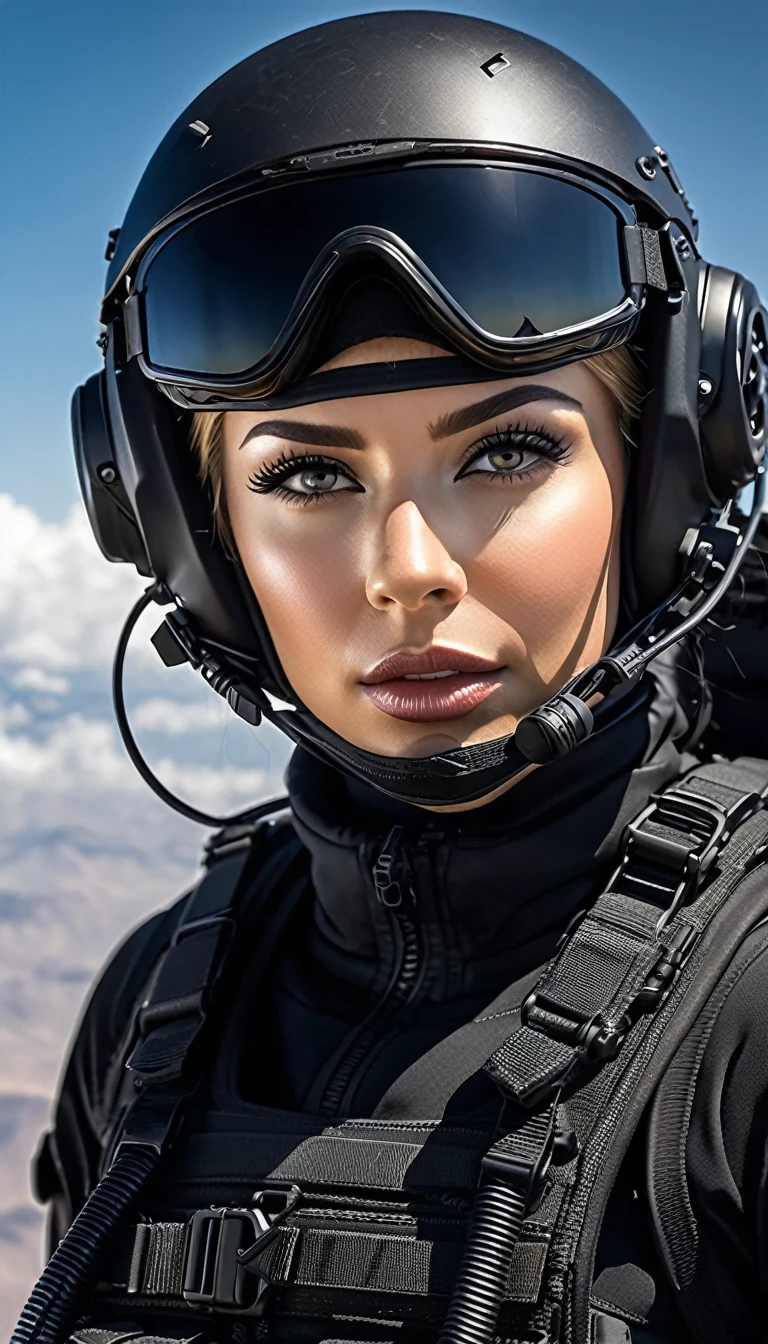 A highly detailed, photorealistic, woman in a tight black combat suit, ready to jump from a plane at high altitude, realistic photography, raw photo, (best quality,4k,8k,highres,masterpiece:1.2),ultra-detailed,(realistic,photorealistic,photo-realistic:1.37),HDR,UHD,studio lighting,extremely detailed eyes and face,beautifully detailed lips,longeyelashes,highly detailed tactical gear,military,delta force,action,adventure