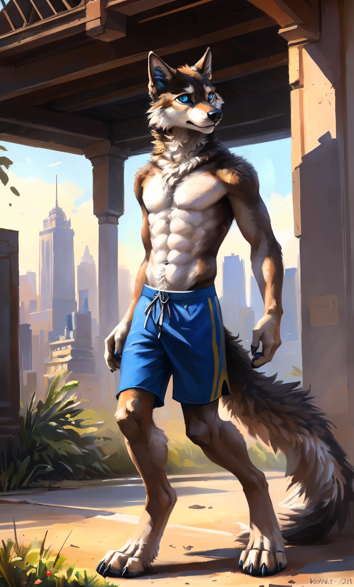 ((Solo)), male people, anthro wolf, (Multi-colored fur, White-brown:1.3，White tail pointed), (Height 2.1m,Tail length 1.2m), ((Wolf face, Big eyes, White eyelids, Blue pupil, Slim:1.2) (Tough, Calm expression:1.2)), Abs, Slim, pinging)), (Correct anatomy), (Work shorts:1.1), The upper body  naked, (detailed outfits),A long big tail，Feet，(Realistic fur, Detailed fur texture, labeled:1.3)), (Natural lighting), Photorealistic, Hyperrealistic, ultradetailed, by Kenket，Modern city，erect through，Running on