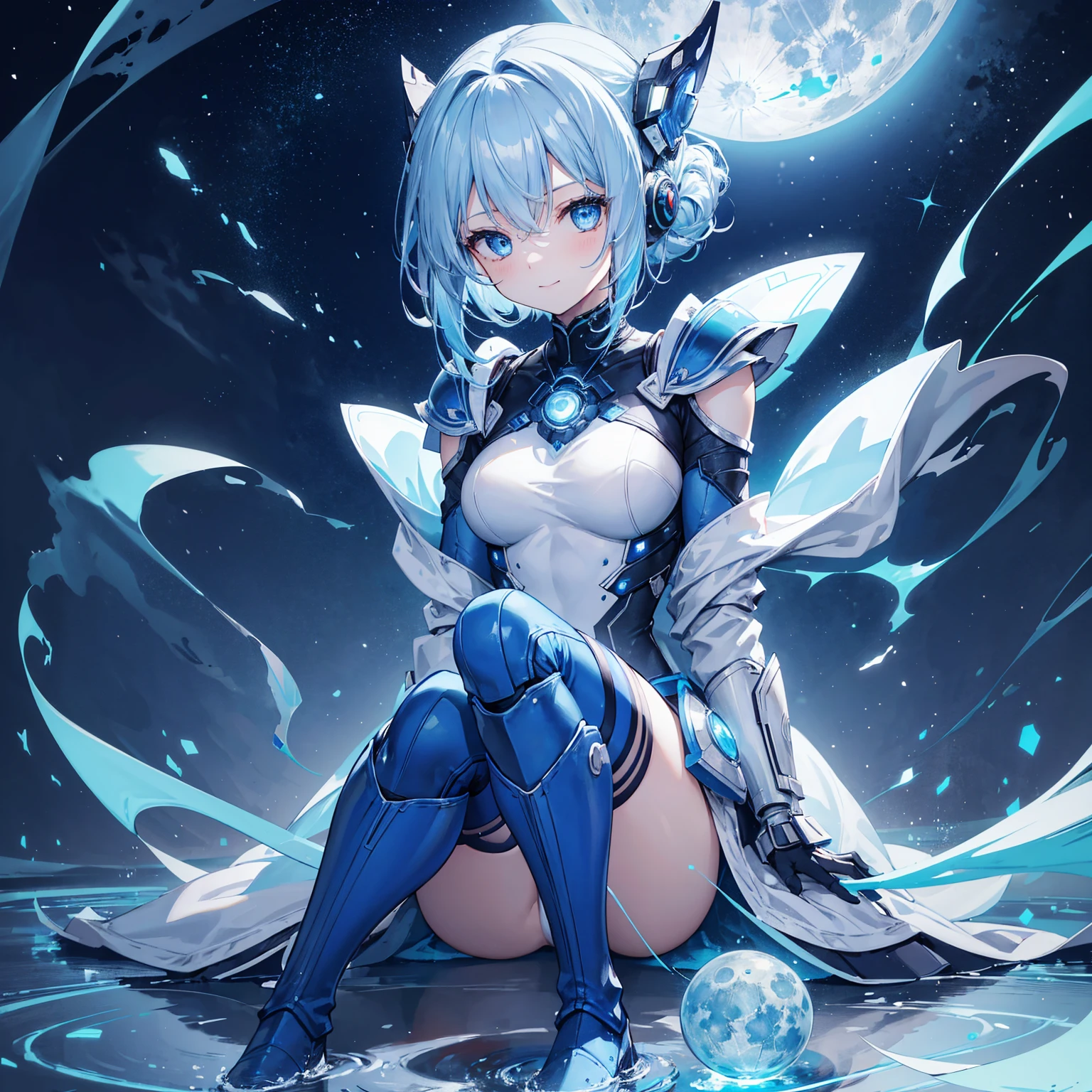8k, highest quality, (real:1.4), Original photo, 1 girl, Asari Hair, Biological Amplifier, refined armor, posture: Peace talks between warring factions, smart blue eyes,A modest smile、Knee-high boots、Blue big moon and blue light swirl in the background、Blue light from behind、blue light magic