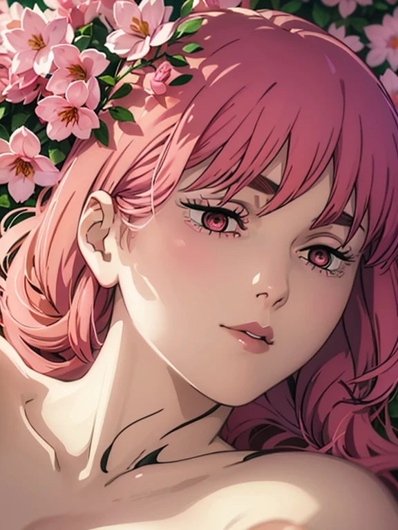 a woman lying surrounded by pink flowers,nude art , detailed face, beautiful eyes, detailed lips, long eyelashes, detailed skin, smooth skin, porcelain skin, flawless skin, elegant pose, serene expression, soft lighting, warm color palette, cinematic composition, photorealistic, 8k, best quality, masterpiece