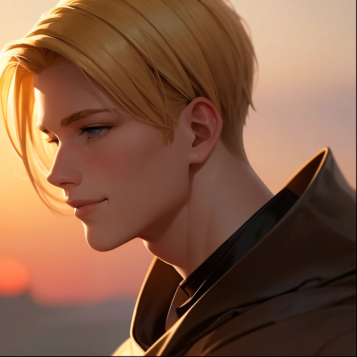 Blond man 18 years old with gray eyes Looks with a warm smile into the distance Middle Ages close-up sunset background high quality masterpiece dramatic lighting, perfect face, face profile 