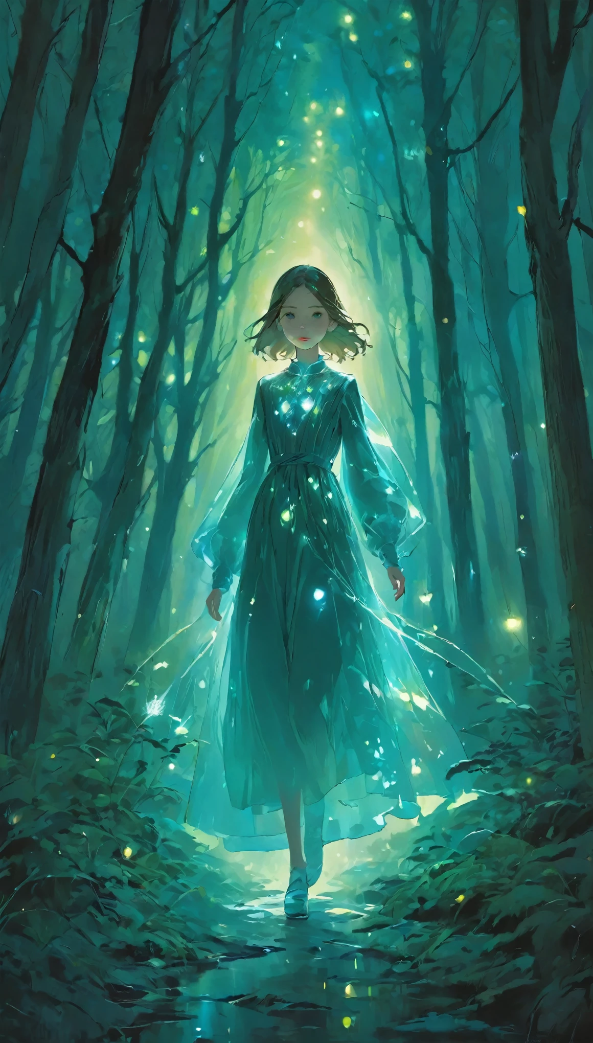 Portraiture,In this fantasy painting,a girl with a translucent glowing body wanders through a mysterious forest,Surrounded by strange lights,upper_body,Dim background、Inorganic background、light up