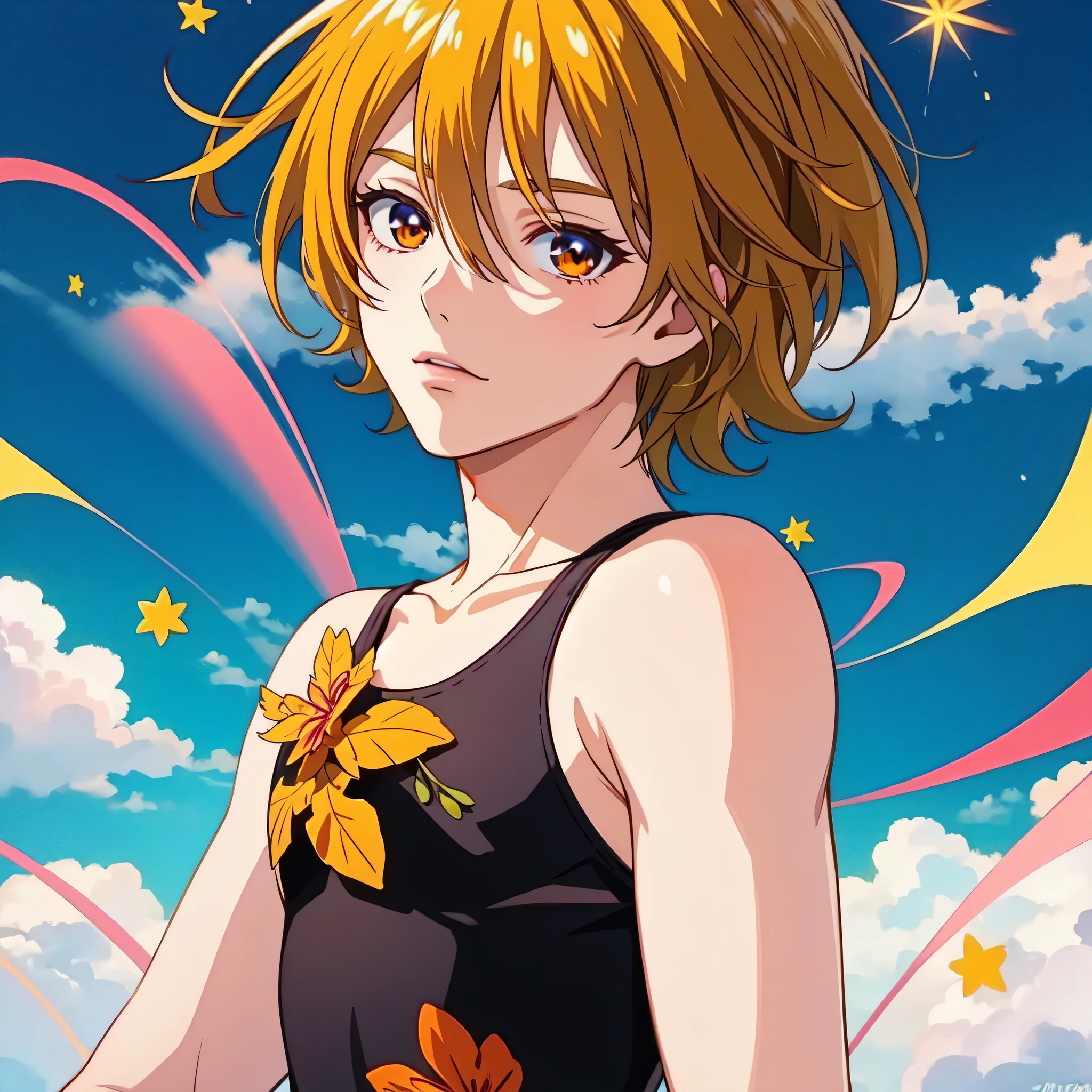 (masterpiece, highest quality, detailed:1.5)、Anime Boys、solo、kagayaki homare as a boy、Ferris wheel、looking at viewer、Cowboy Shot、Are standing、Low sky glass house、Black tank top、Skin tight tank top、tank top with an black、firework、BREAK Orange Theme Background、(male body:1.4)、