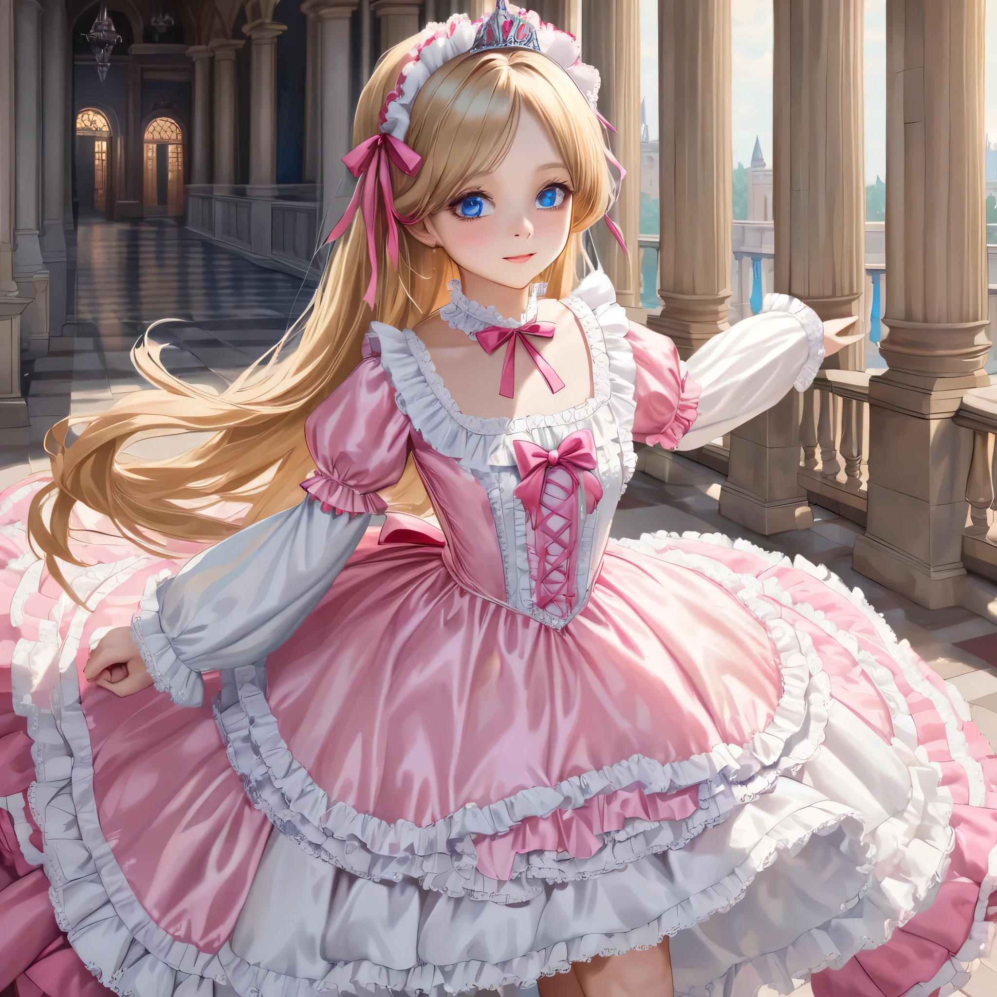 ,highest quality, masterpiece, highest resolution, artwork, 3K realistic photos,,((10 year old little girls)),Super detailed baby face,both are princesses,Full length ball gown dress with hoop skirt,ruffled yoke collar,Detailed braided ribbon on chest,puff sleeves,long sleeve,((Lolita style hot pink detailed princess satin dress、Comes with lots of frills and ribbons。)),shiny silk satin dress,soft and smooth silk satin fabric,luxury,Very long blonde hair,blue eyes,white skin european,pajamas,((Outside the palace)),Princess dancing happily,gorgeous flowing dress,fine white frills and lace,Super long hair that is as tall as your body,the princess is running