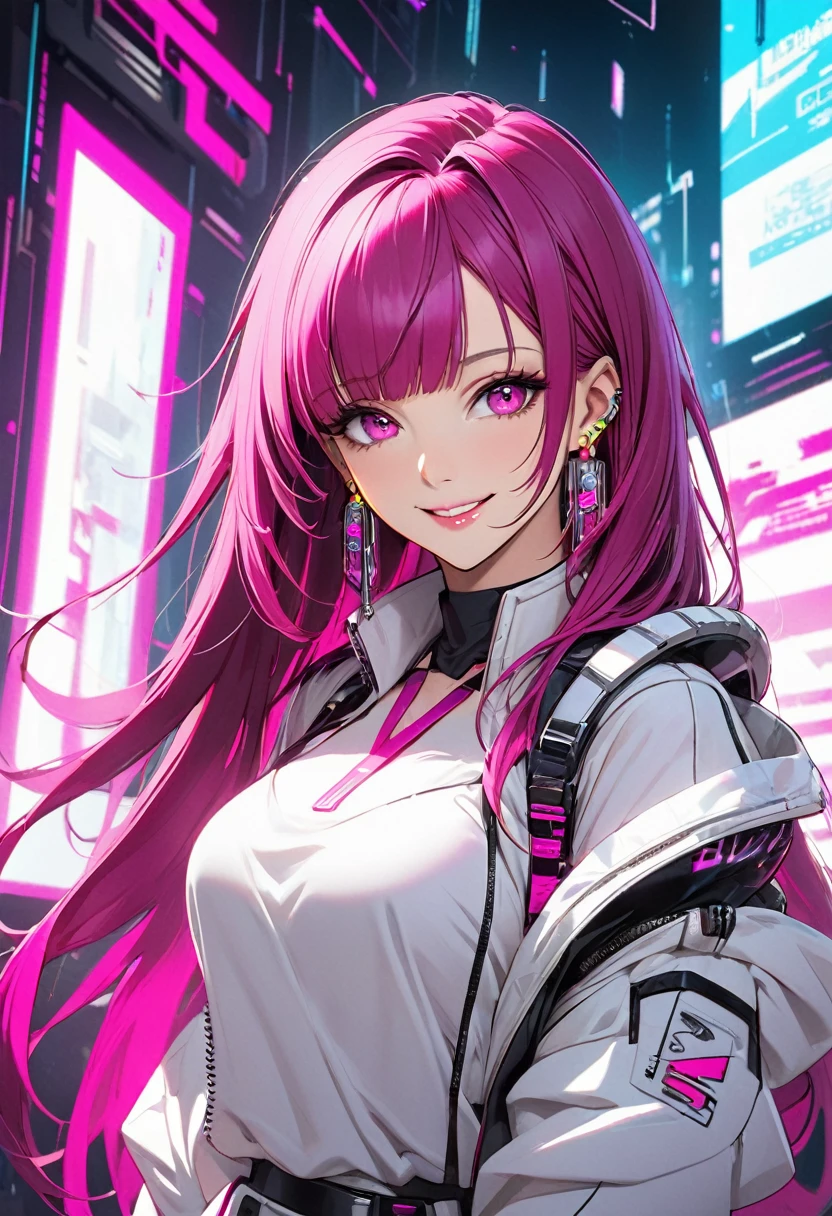 beautiful, alone, 1 female, mature, mature, Long Hair, Magenta hair with bangs, Half tie、Half tie, Hot pink eyes, White clothes, Smile Facial, Futuristic, cyber punk, You say, Earrings