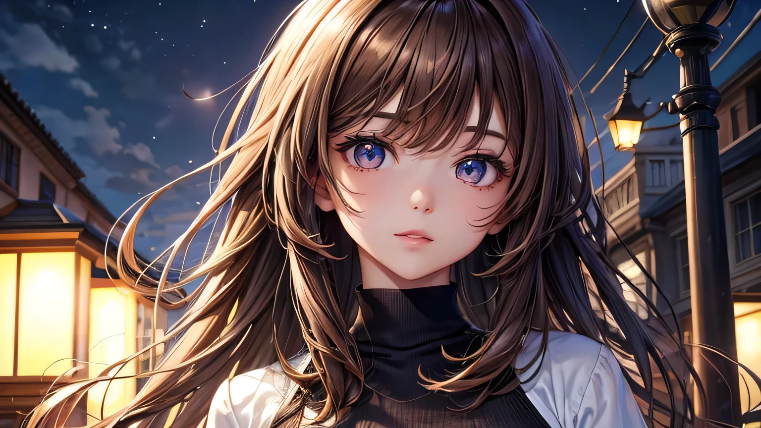 One woman : 1.3, Light brown hair: 1.2, , night: 1.2,night,Night Town: 1.1, Ultra-high resolution, Accurate, Super detailed, Textured skin, High detail, highest quality, 8k,Thin bangs,Upper Body,Well-drawn eyes, Focus on the face,Oversized shirt,Detailed hair depiction,Detailed depiction of eyes、Detailed depiction of hair、Street lamp、