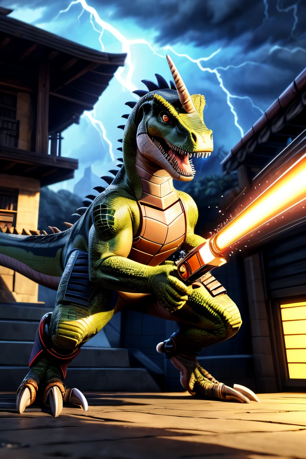(((dinosaur character, full body, cinematic setting, lizard male))) futuristic armor
Here I come, drop your jaws to the floor
I'm riding on my (((mighty laser-shooting dinosaur)))
Here we come, can you hear him roar?
Prepare for epic fight and his (((laser missiles)))
The sound is boom, boom, boom for every time a goblin dies
Let's sing now, here we go, hear my battle cries
(((Made of metal))) from the moon
Assembled by samurai
His battery gets charged by thunderstorm
With most advanced AI
Devouring trolls and unicorns
From his maw there comes a flame
Burning away our enemies
And therefore we proclaim
BREAK, detailed background of warzone, 8K, (masterpiece:1.5), intricate details, highly detailed, extreme detail, octane render, fine art, best quality, highres, (detailed face:1.5), ((full_body)), UHD, (((perfect hands))), low light