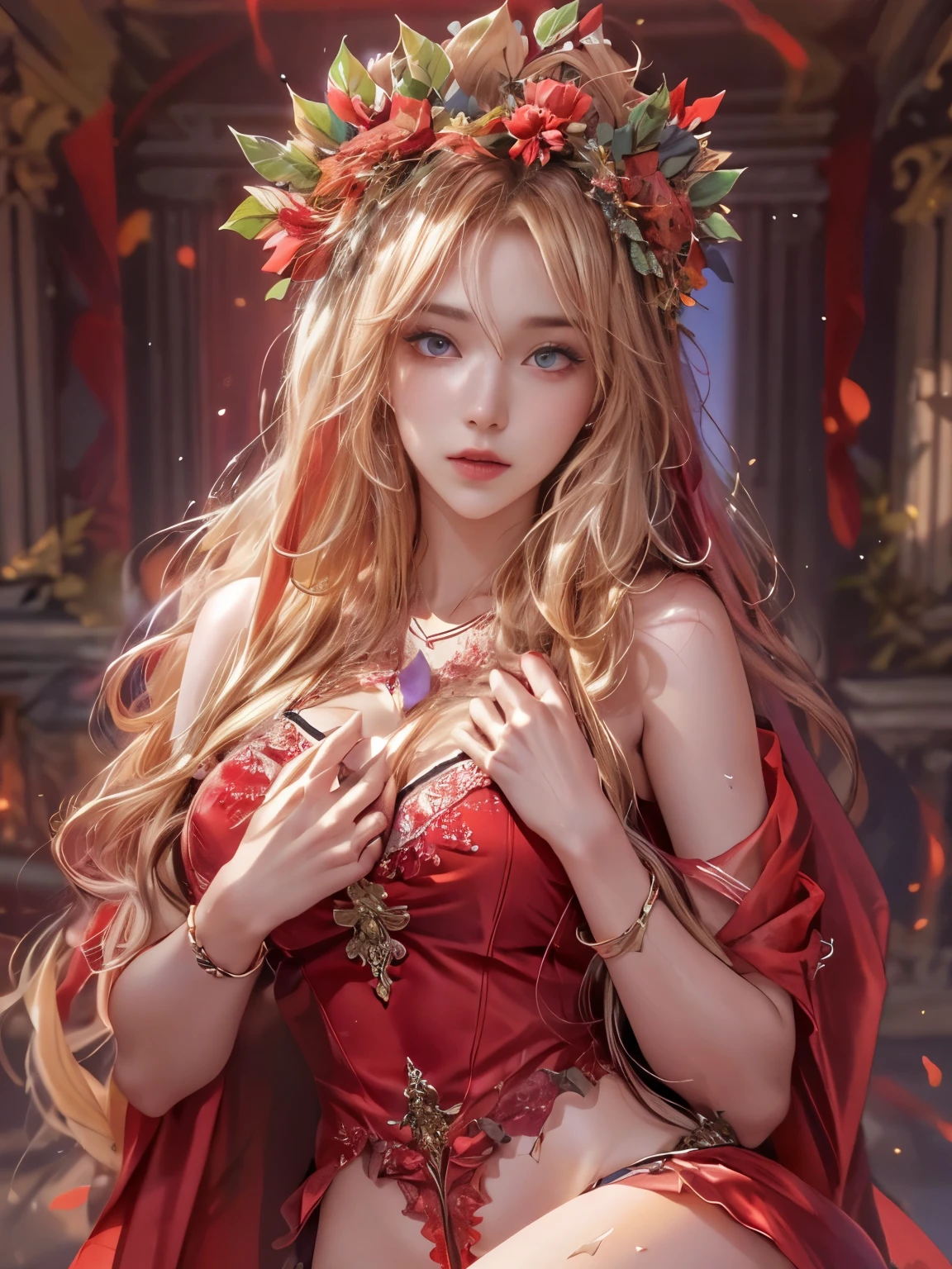 Ultra-high resolution, highest quality, photograph, 4K, (Realistic:1.4), Girl with a wreath on her head, Long Blonde Hair, Big firm Breasts, hard nipples, Sexy, Sharp Eyes, Break, dynamic sexy poses, sweat, wearing (red:1.2) see-through long frilly dress, lace long cape, jewelries, cleavage is exposed, Add light purple and purple, Add Light Red, Intricate details, Splash screen, 