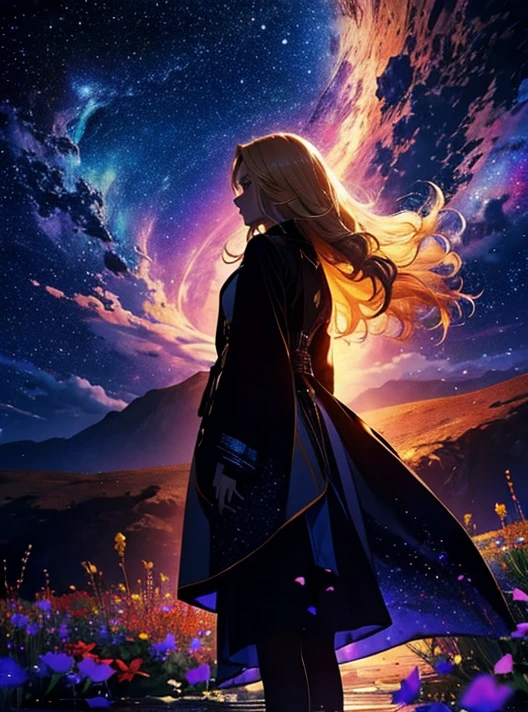 1people,Blonde long-haired woman,Long coat, Dress Silhouette, Rear View,Space Sky, Flower Field,Colorful flowers