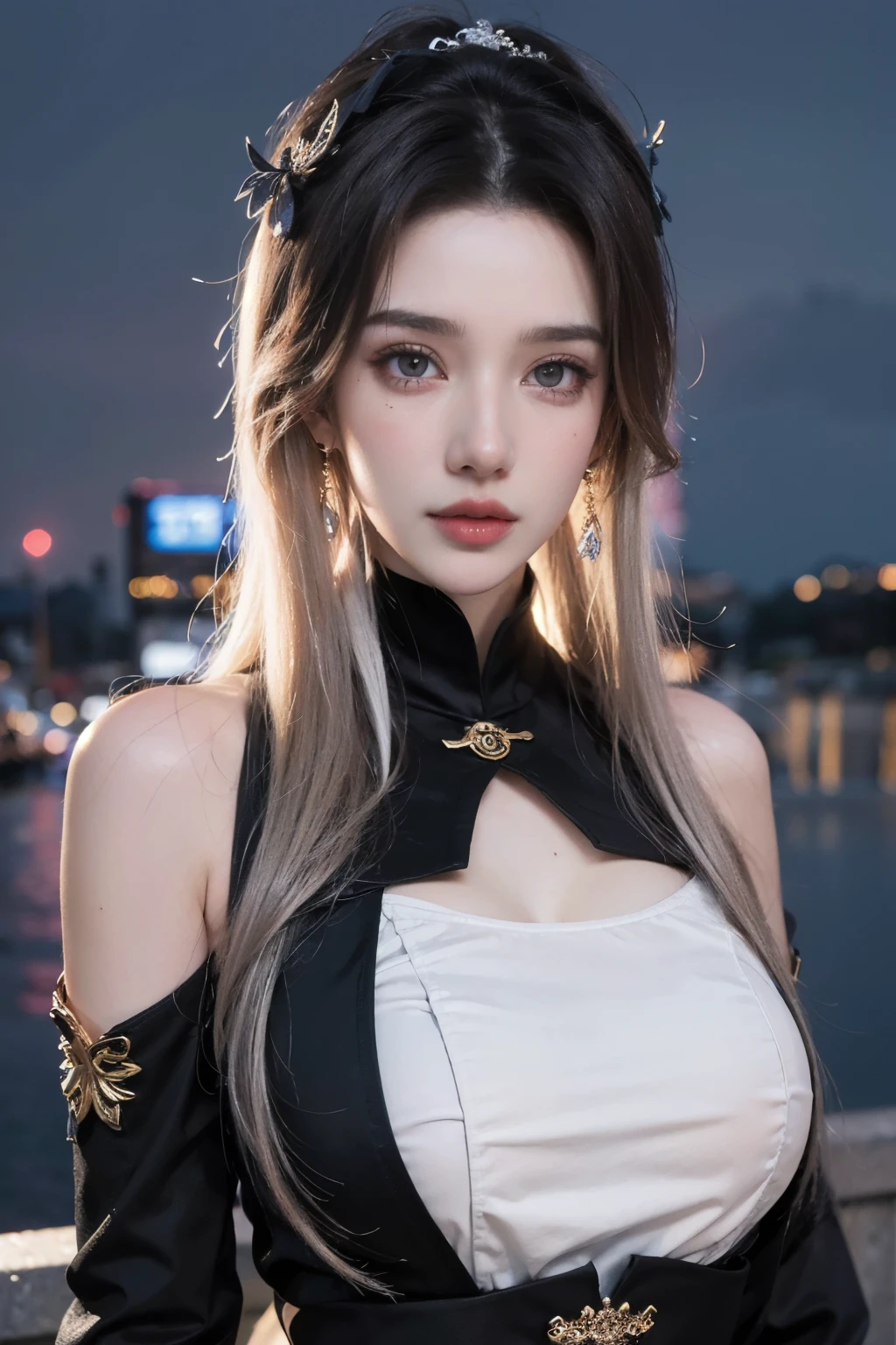 Floral, (Night city landscape background:1.5), (1 Girl:1.6), long hair, ulzzang-6500v1.1, (authentic: 1.2), (Practical: 1.3), beautiful girl，Beautiful details, Extremely detailed eyes and face, There are beautiful details in the eyes, absurd, incredibly absurd, Huge file size, Super detailed, high resolution, Super detaileded, best quality, masterpiece, illustration, Super detaileded and beautiful, Super detaileded, CG, Unite, 8k wallpaper, Astonishing, Fine details, masterpiece, Top quality, Official Art, extremely detailed CG Unite 8k wallpaper, movie lighting, (Perfect radiant skin:0.6), Slim and smooth lines, (floating), Diamond Earrings, (Upper Body:1.5), (Small Breasts:1.2), (yangmi:1.5), 