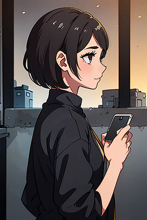 Black Eyes,Dark hair,Short Bob,Looking at a smartphone,profile
