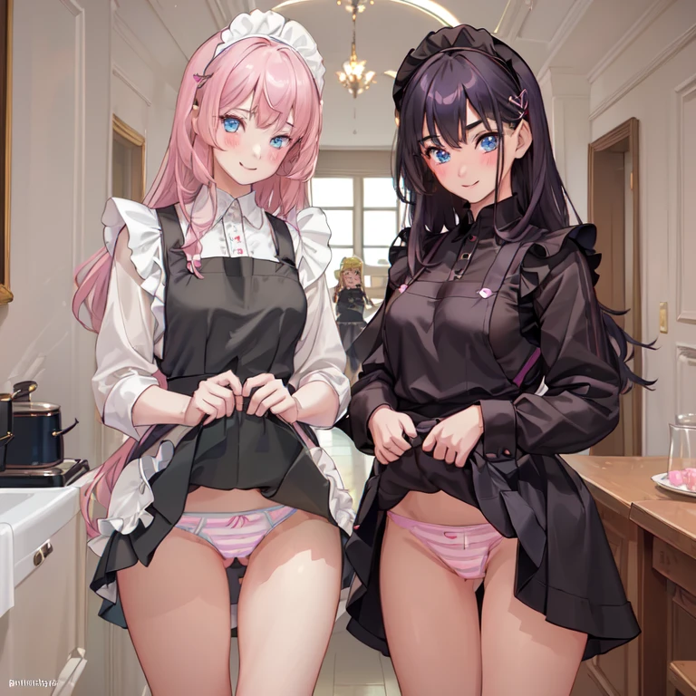 highest quality, masterpiece,((14years old:1.5)), ((2 girls:1.5)), ((smile:1.3)), (blush:1.3), Black Shirt, blouse, ((fun!!)), (Small breasts), Blonde, (Long sleeve), ((White apron:1.5)), ((Maid)), ((hair ornaments)), Kamimei, look at me, ((in house:1.5)), Taking a break from watching the audience, Cowboy Shot, (skirtlift:1.3), (Highly detailed pink striped panties:1.3), (Highly detailed panties:1.3), (skirt that rolls up:1.3), (Panties fully exposed:1.5), Light blue eyes, long hair, Glowing Eyes