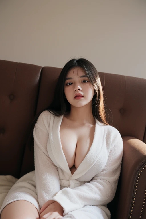 (masterpiece, Best Quality:1.4), Beautiful face, 8K, 85 mm, absurdness, ((Dark bedroom in the hotel))、(Wearing a thick white bathrobe:1.4), ((cowboy shot:1.5))、((Shot from below:1.4))、((udder of medium size:1.4))、((cleavage of the breast:1.4))、Delicate girl, Solo, black long hair, (((long:1.5)))、((sitting in the couch:1.4))、Night, Looking at Viewer, Upper body, Film grain, chromatic aberration, Sharp Focus, face lights, Professional Lighting, Sophisticated, (he looked at me with a confused expression:1.4), ( Background, Bokeh Background:1.2), Detail Face、