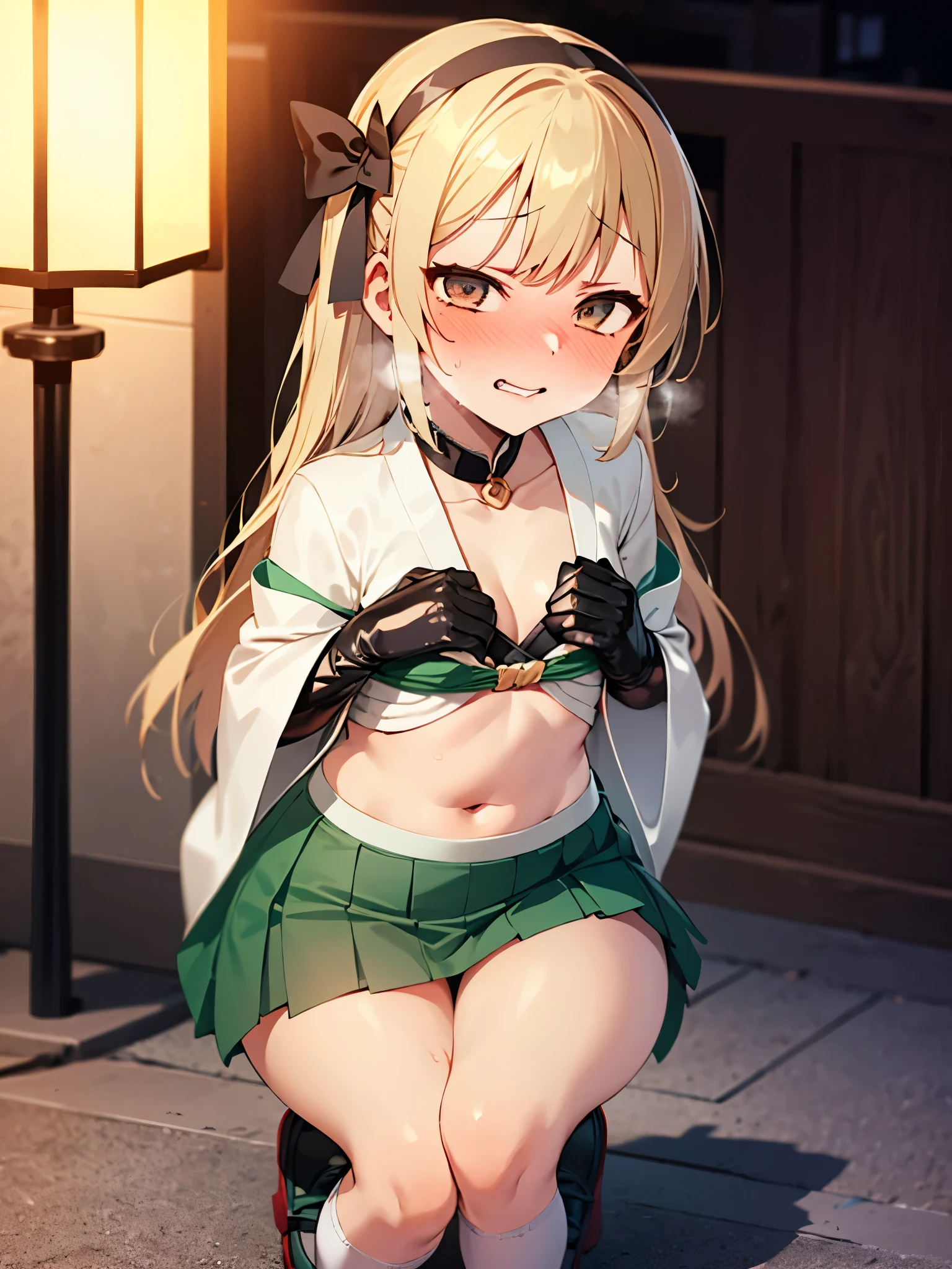 NSFW,(One girl:1.5),Blonde,Very long hair、Messy Hair、Flat Chest,hair ornaments、hair band、Bleaching、Haori、belly button、Black gloves、Pleated skirt、Green skirt、White knee socks、Cleavage,kimono,(Perfect hands),(Perfect Anatomy),(masterpiece),(highest quality),(Embarrassed:1.5),blush,Shy laugh,In heat,Crouching,Night Park,Street lamp,Peeing